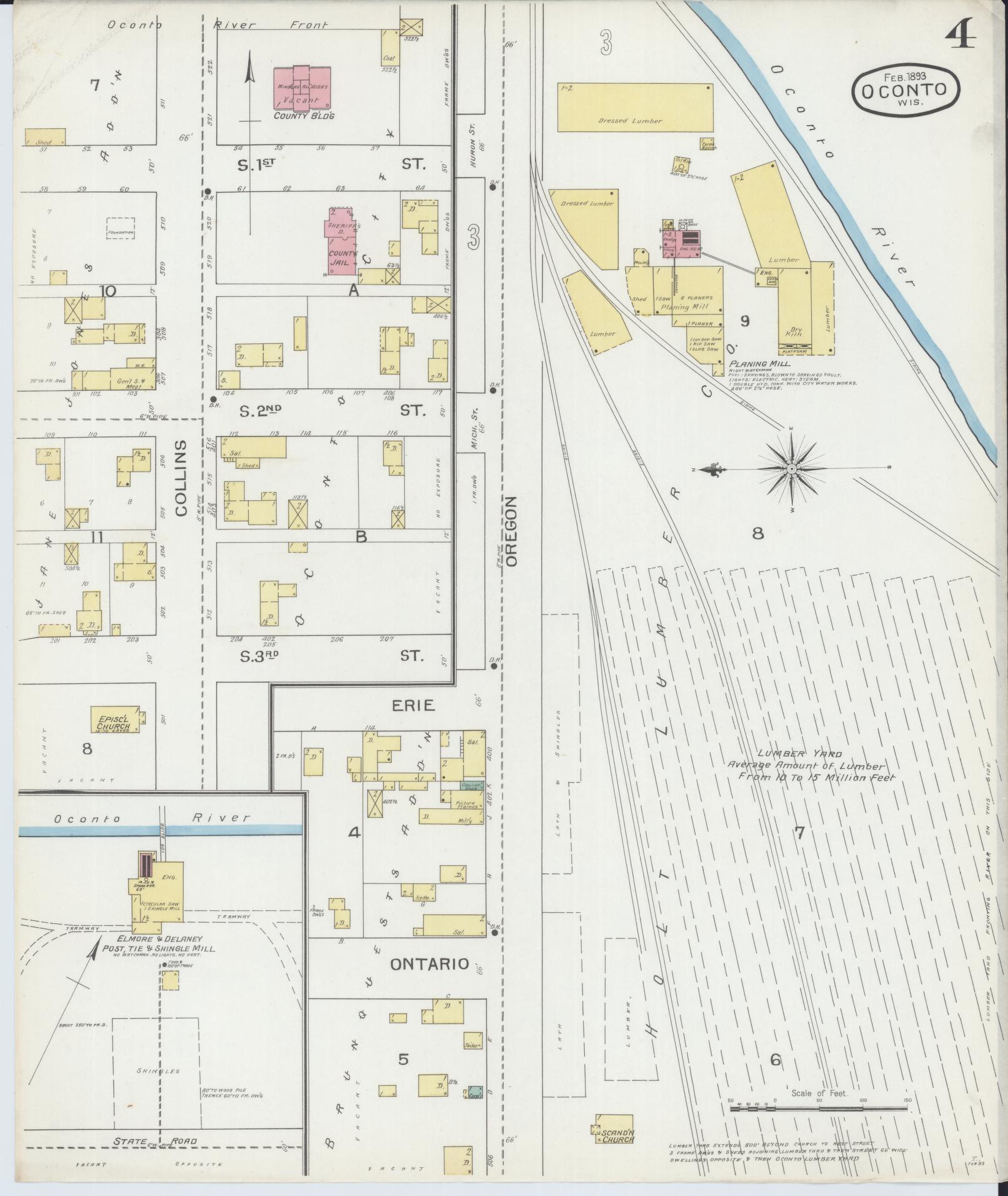 Sanborn Fire Insurance Map from Oconto, Oconto County, Wisconsin (1893), Sheet #0004 - Historic Sanborn Fire Insurance Map Print, vintage old map wall art, antique decor, genealogy gift, Wisconsin Wisconsin map
