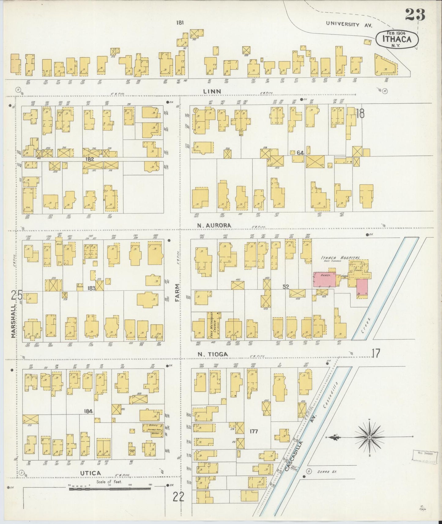 Sanborn Fire Insurance Map from Ithaca, Tompkins County, New York (1904), Sheet #0023 - Historic Sanborn Fire Insurance Map Print, vintage old map wall art, antique decor, genealogy gift, New York New York map
