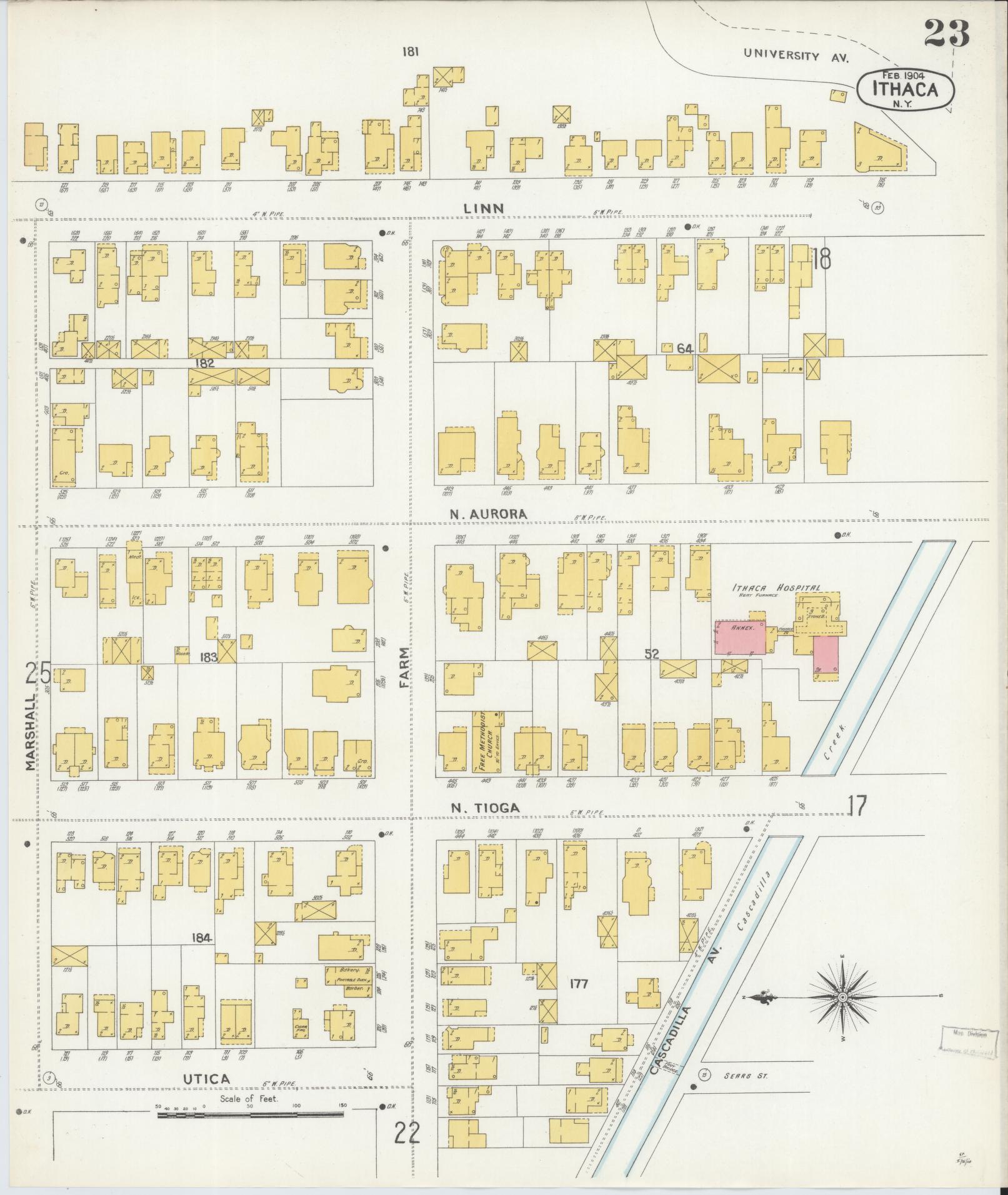 Sanborn Fire Insurance Map from Ithaca, Tompkins County, New York (1904), Sheet #0023 - Historic Sanborn Fire Insurance Map Print, vintage old map wall art, antique decor, genealogy gift, New York New York map