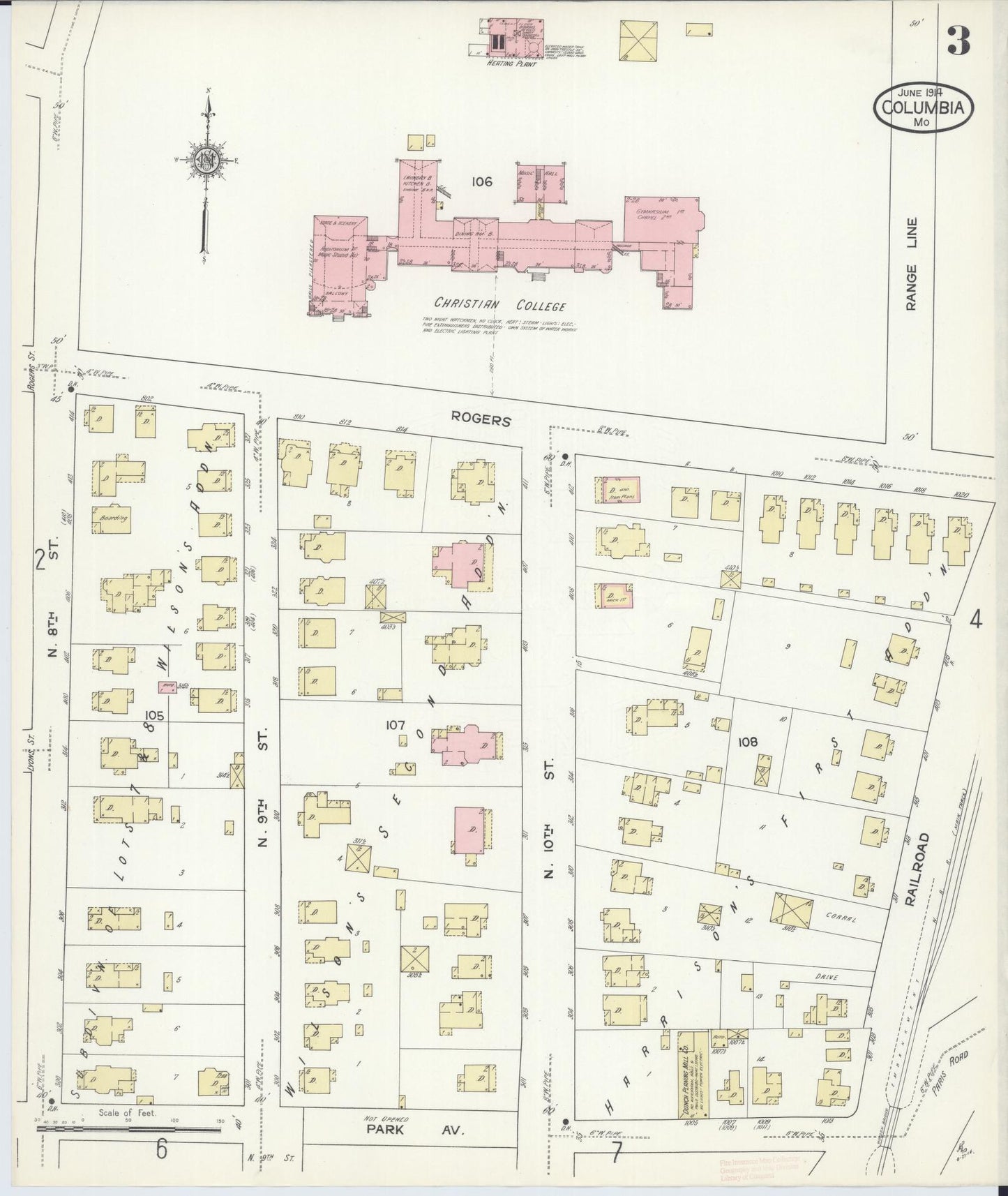 Sanborn Fire Insurance Map from Columbia, Boone County, Missouri (1914), Sheet #0003 - Historic Sanborn Fire Insurance Map Print, vintage old map wall art, antique decor, genealogy gift, Missouri Missouri map