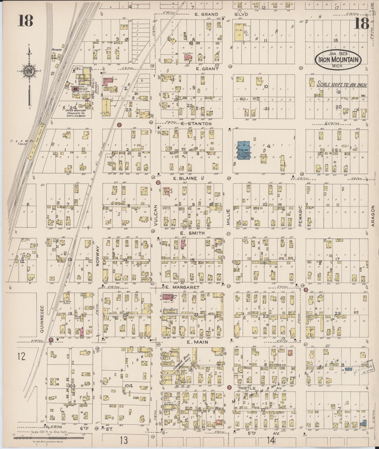 Sanborn Fire Insurance Map from Iron Mountain, Dickinson County, Michigan (1923), Sheet #0018 - Complete Map Set gallery image, historic Sanborn map, vintage wall art, Michigan Michigan
