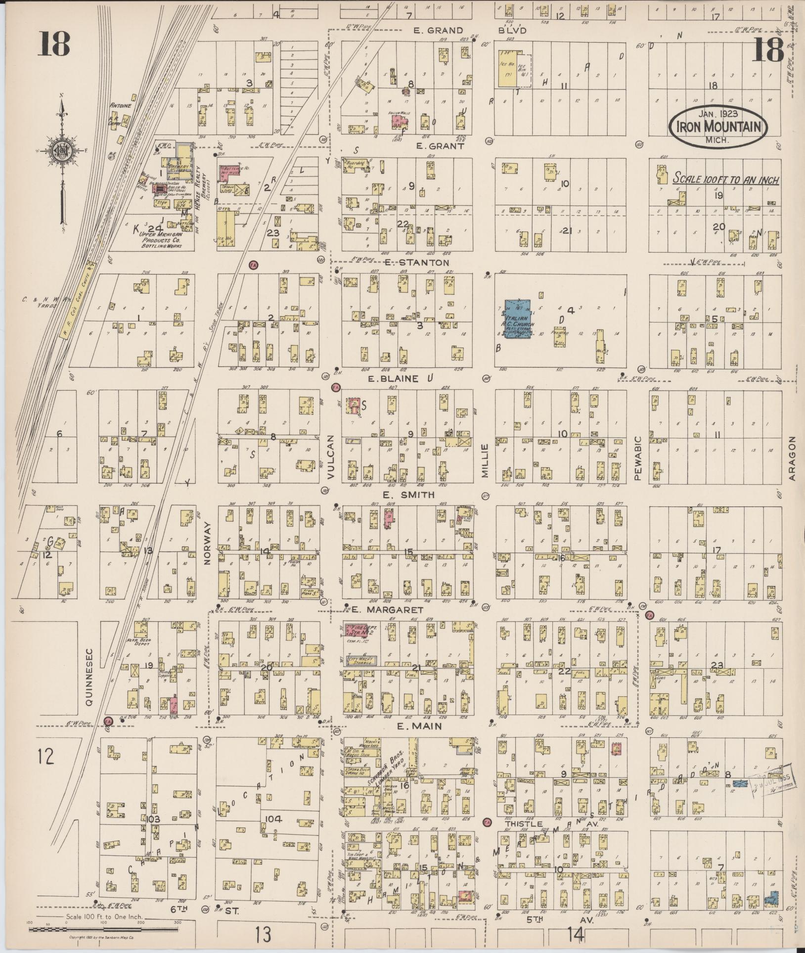 Sanborn Fire Insurance Map from Iron Mountain, Dickinson County, Michigan (1923), Sheet #0018 - Complete Map Set gallery image, historic Sanborn map, vintage wall art, Michigan Michigan