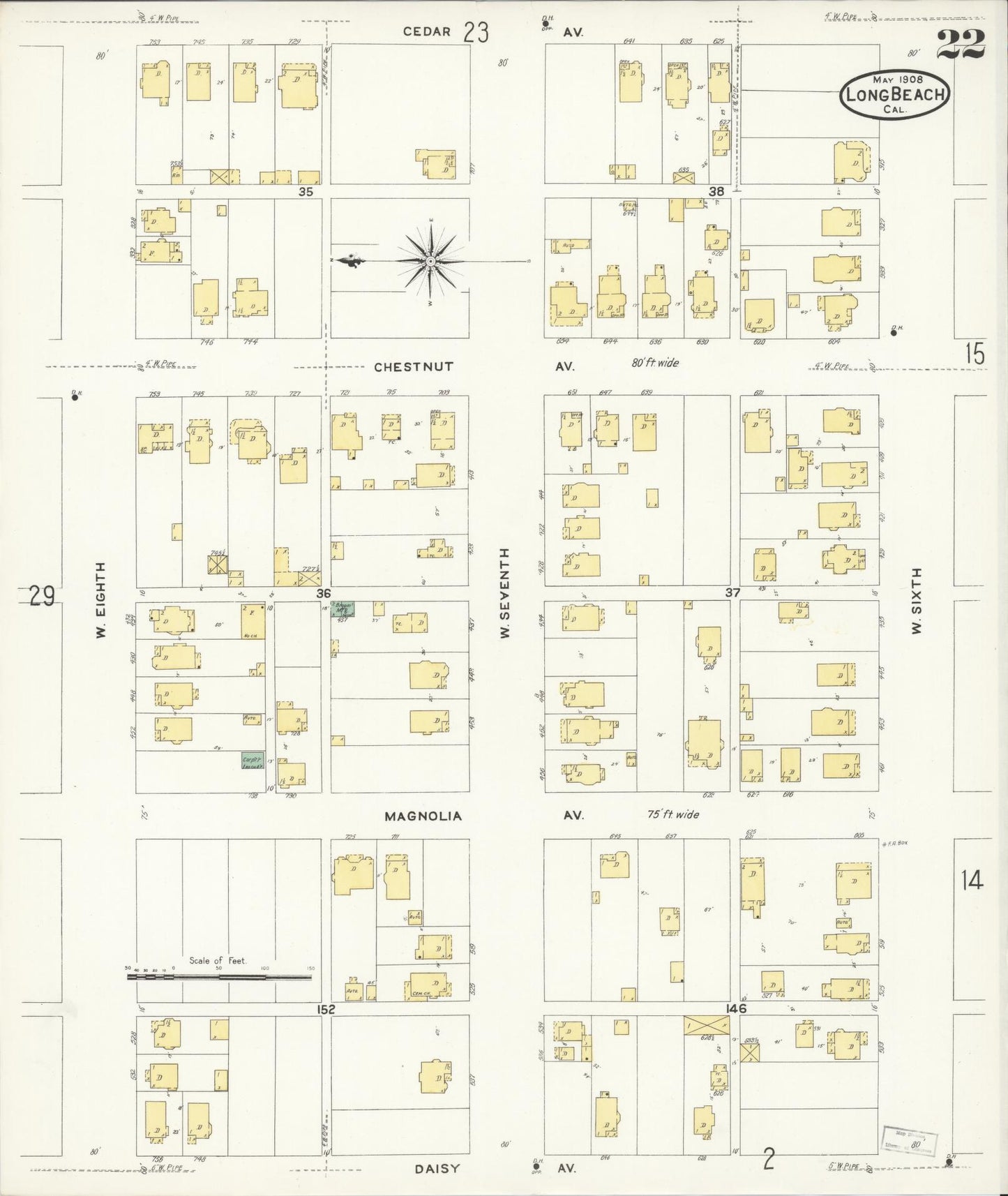 Sanborn Fire Insurance Map from Long Beach, Los Angeles County, California (1908), Sheet #0022 - Historic Sanborn Fire Insurance Map Print, vintage old map wall art, antique decor, genealogy gift, California California map
