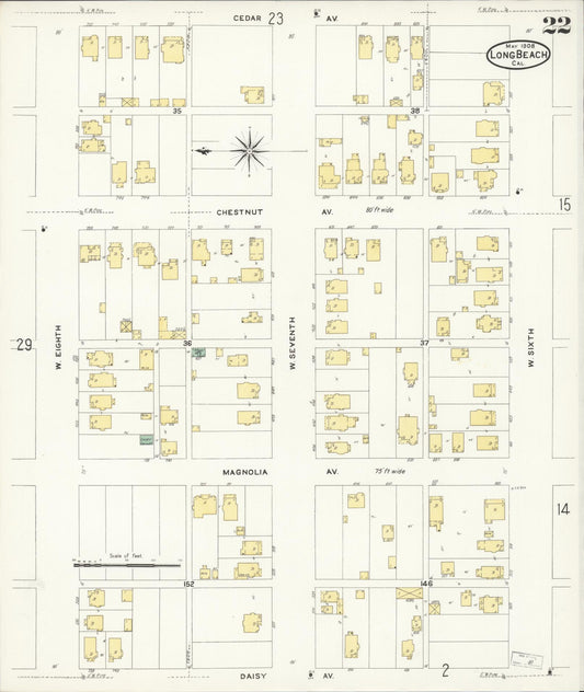 Sanborn Fire Insurance Map from Long Beach, Los Angeles County, California (1908), Sheet #0022 - Historic Sanborn Fire Insurance Map Print, vintage old map wall art, antique decor, genealogy gift, California California map