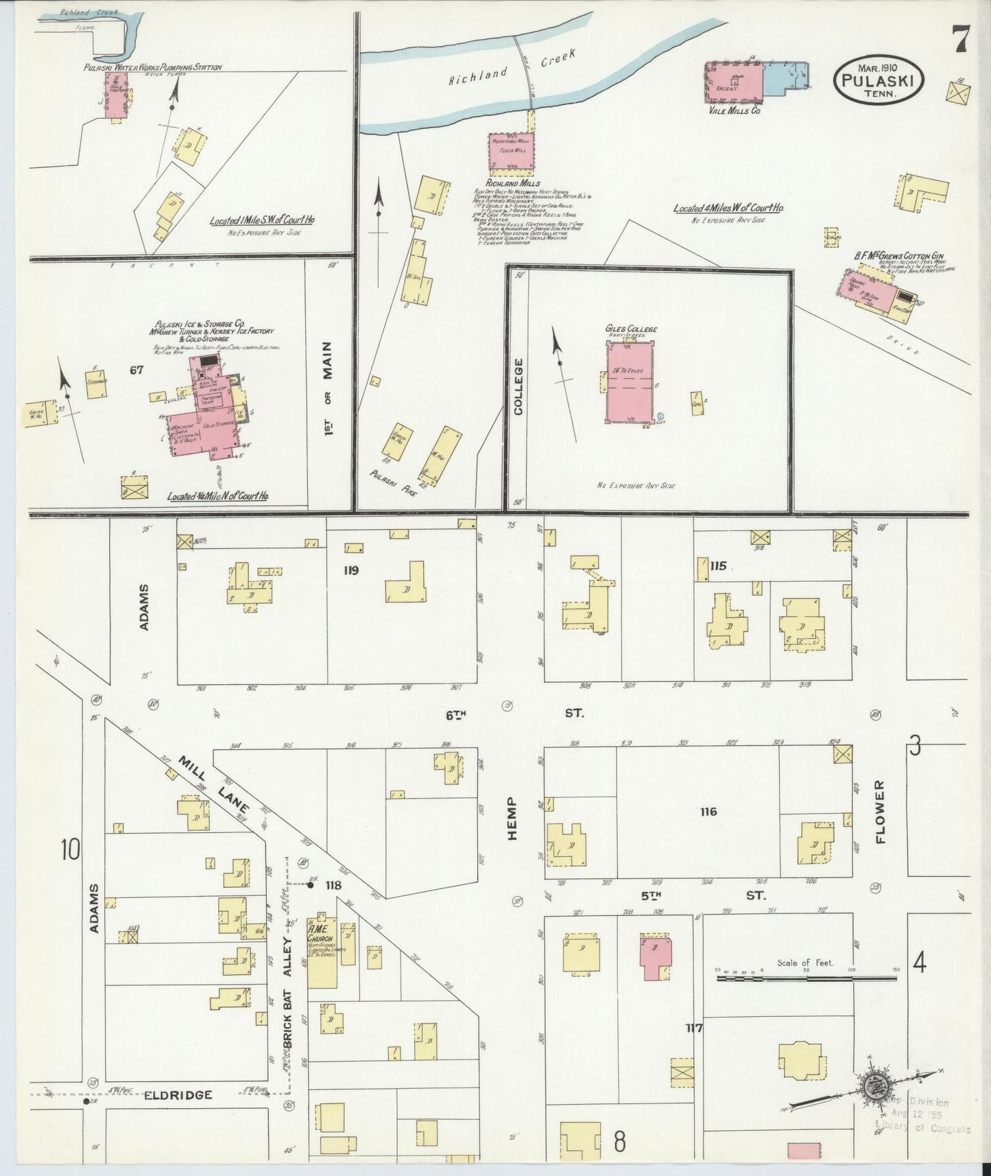 Sanborn Fire Insurance Map from Pulaski, Giles County, Tennessee (1910), Sheet #0007 - Complete Map Set gallery image, historic Sanborn map, vintage wall art, Tennessee Tennessee