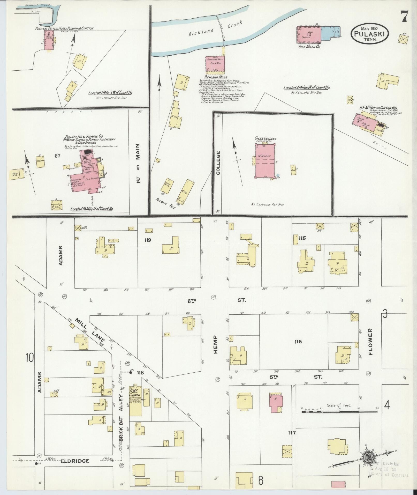 Sanborn Fire Insurance Map from Pulaski, Giles County, Tennessee (1910), Sheet #0007 - Complete Map Set gallery image, historic Sanborn map, vintage wall art, Tennessee Tennessee