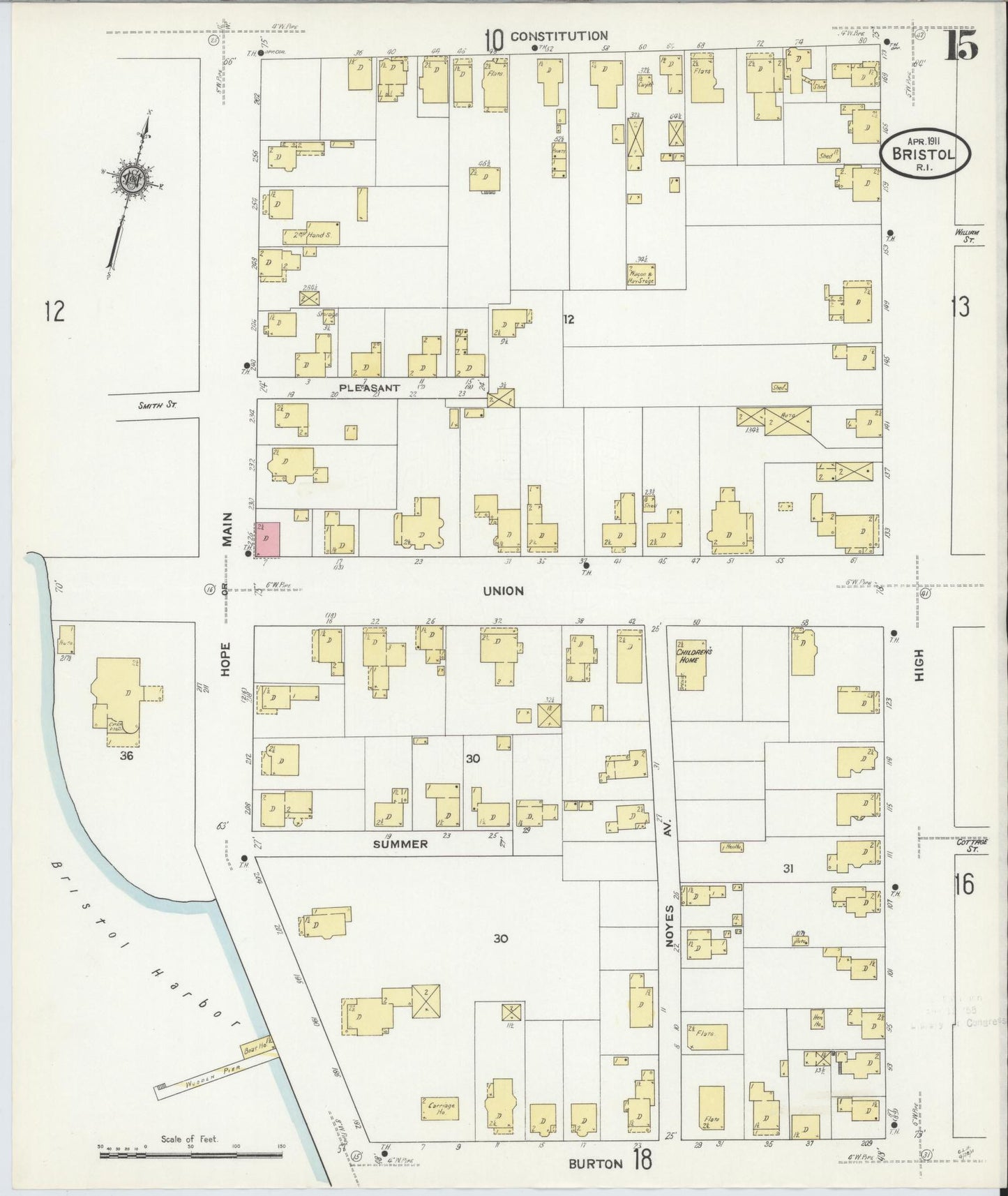 Sanborn Fire Insurance Map from Bristol, Bristol County, Rhode Island (1911), Sheet #0015 - Complete Map Set gallery image, historic Sanborn map, vintage wall art, Rhode Island Rhode Island