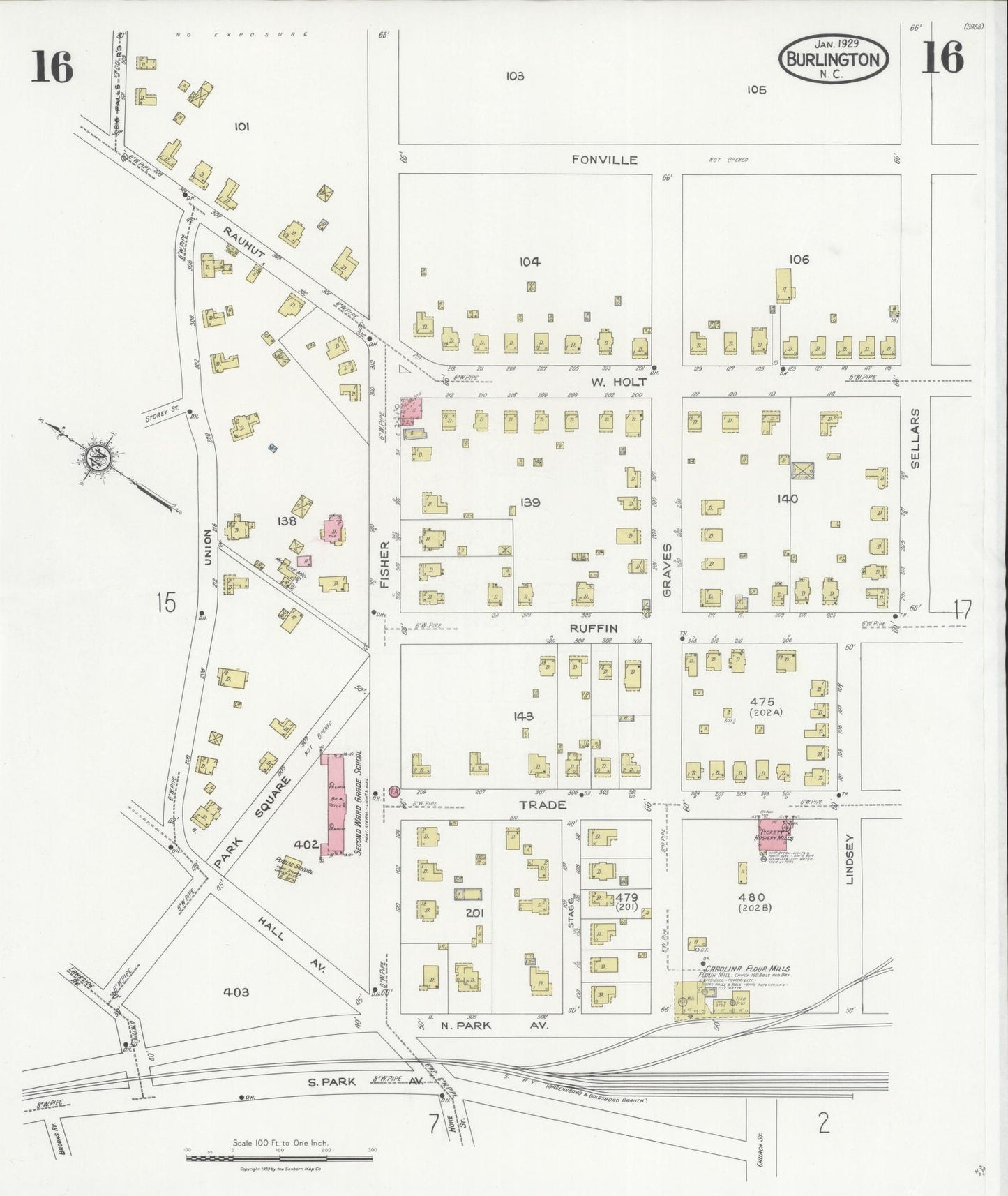 Sanborn Fire Insurance Map from Burlington, Alamance County, North Carolina (1929), Sheet #0016 - Complete Map Set gallery image, historic Sanborn map, vintage wall art, North Carolina North Carolina