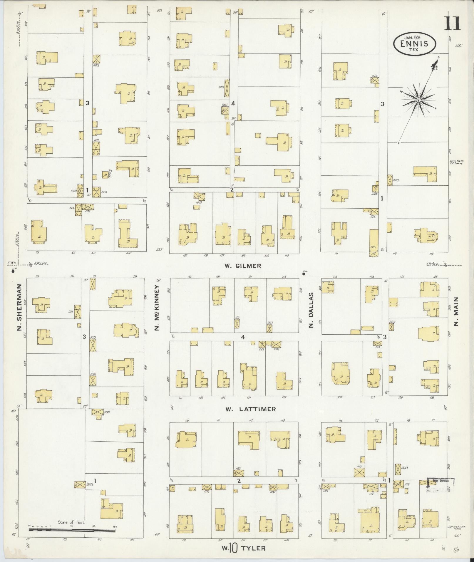 Sanborn Fire Insurance Map from Ennis, Ellis County, Texas (1909), Sheet #0011 - Historic Sanborn Fire Insurance Map Print, vintage old map wall art, antique decor, genealogy gift, Texas Texas map
