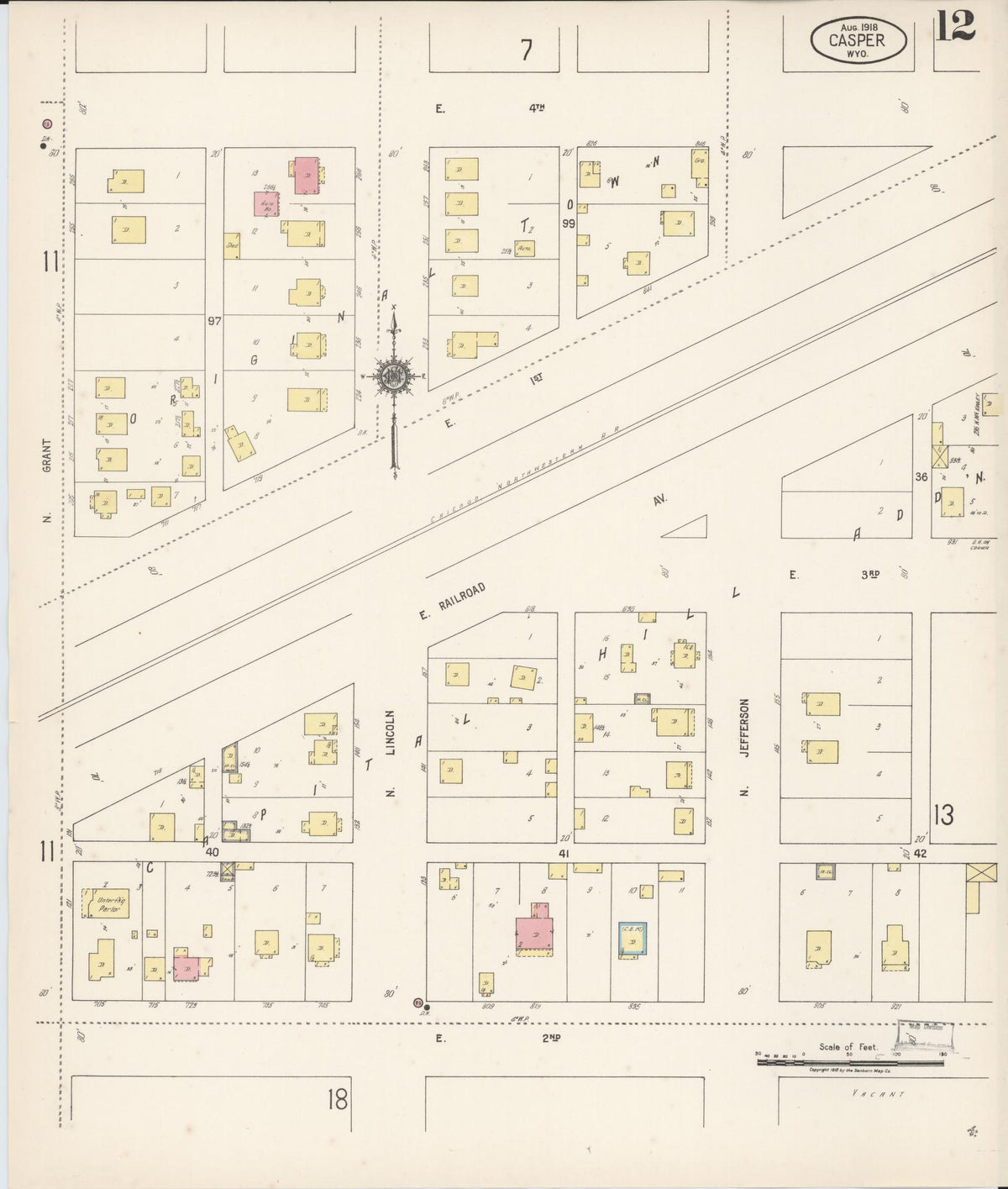 Sanborn Fire Insurance Map from Casper, Natrona County, Wyoming (1918), Sheet #0012 - Complete Map Set gallery image, historic Sanborn map, vintage wall art, Wyoming Wyoming