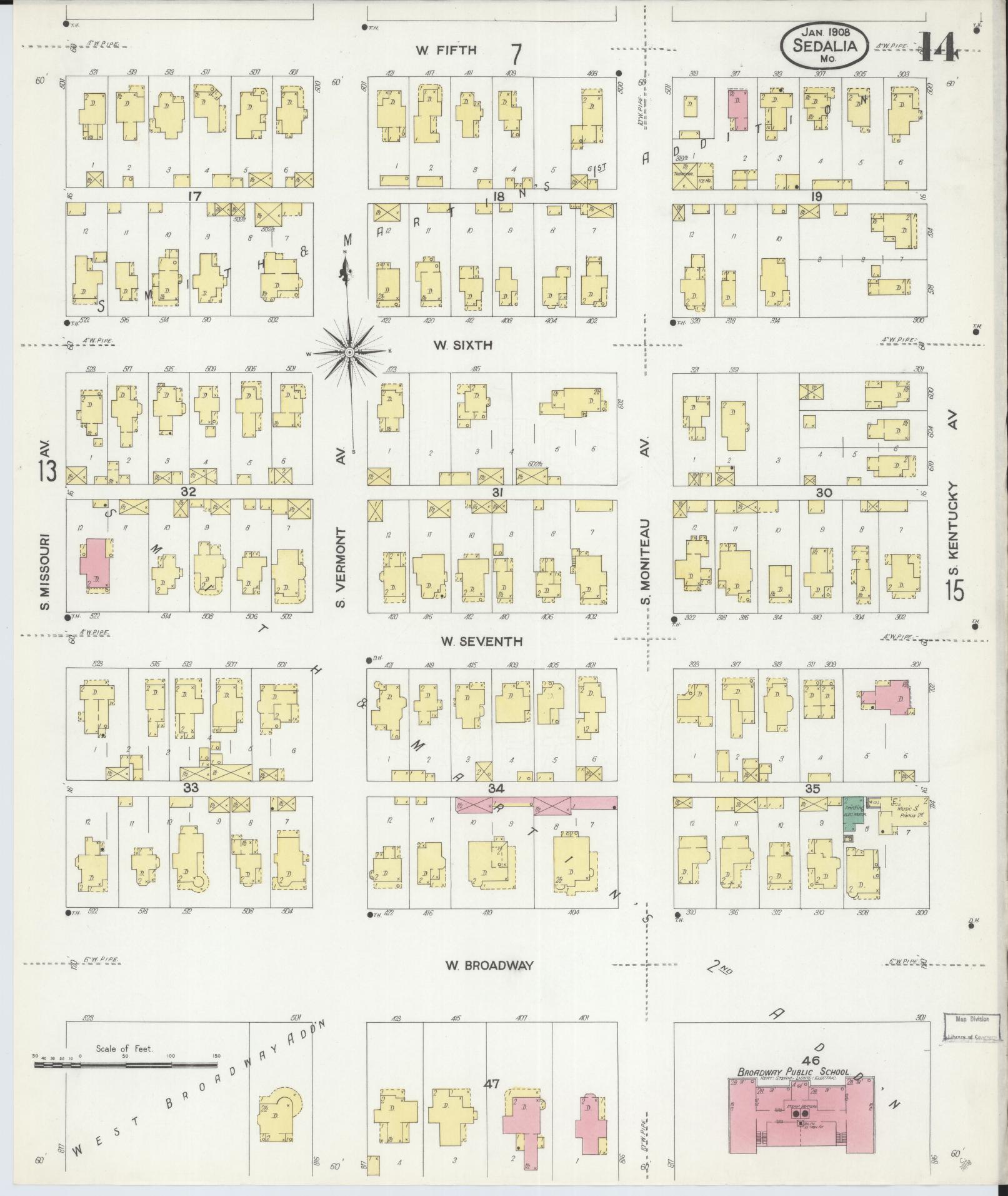 Sanborn Fire Insurance Map from Sedalia, Pettis County, Missouri (1908), Sheet #0014 - Complete Map Set gallery image, historic Sanborn map, vintage wall art, Missouri Missouri