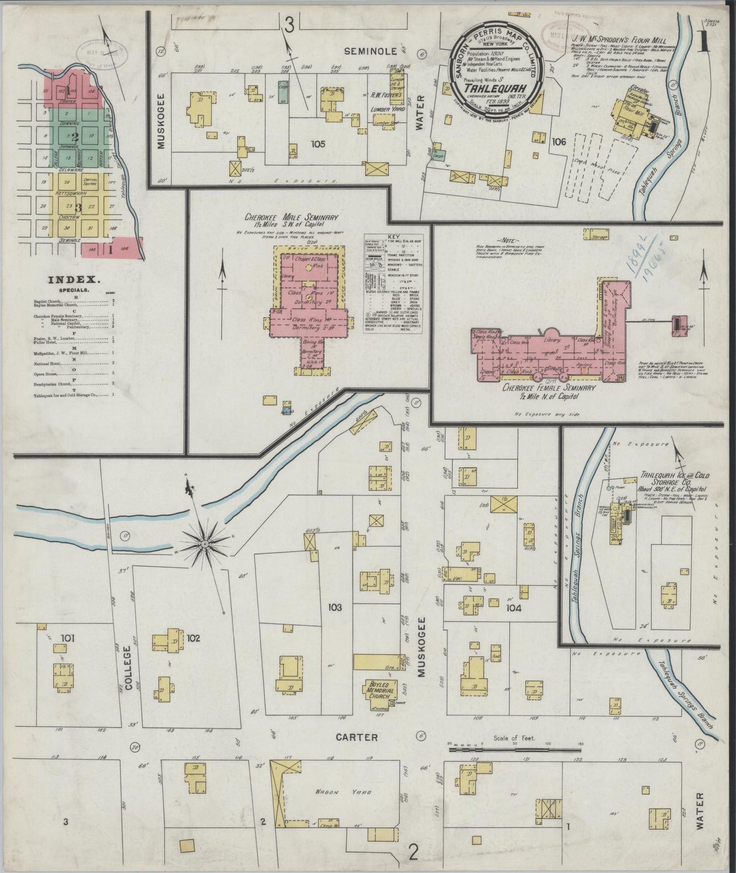 Sanborn Fire Insurance Map from Tahlequah, Cherokee County, Oklahoma (1899), Sheet #0001 - Historic Sanborn Fire Insurance Map Print, vintage old map wall art, antique decor, genealogy gift, Oklahoma Oklahoma map