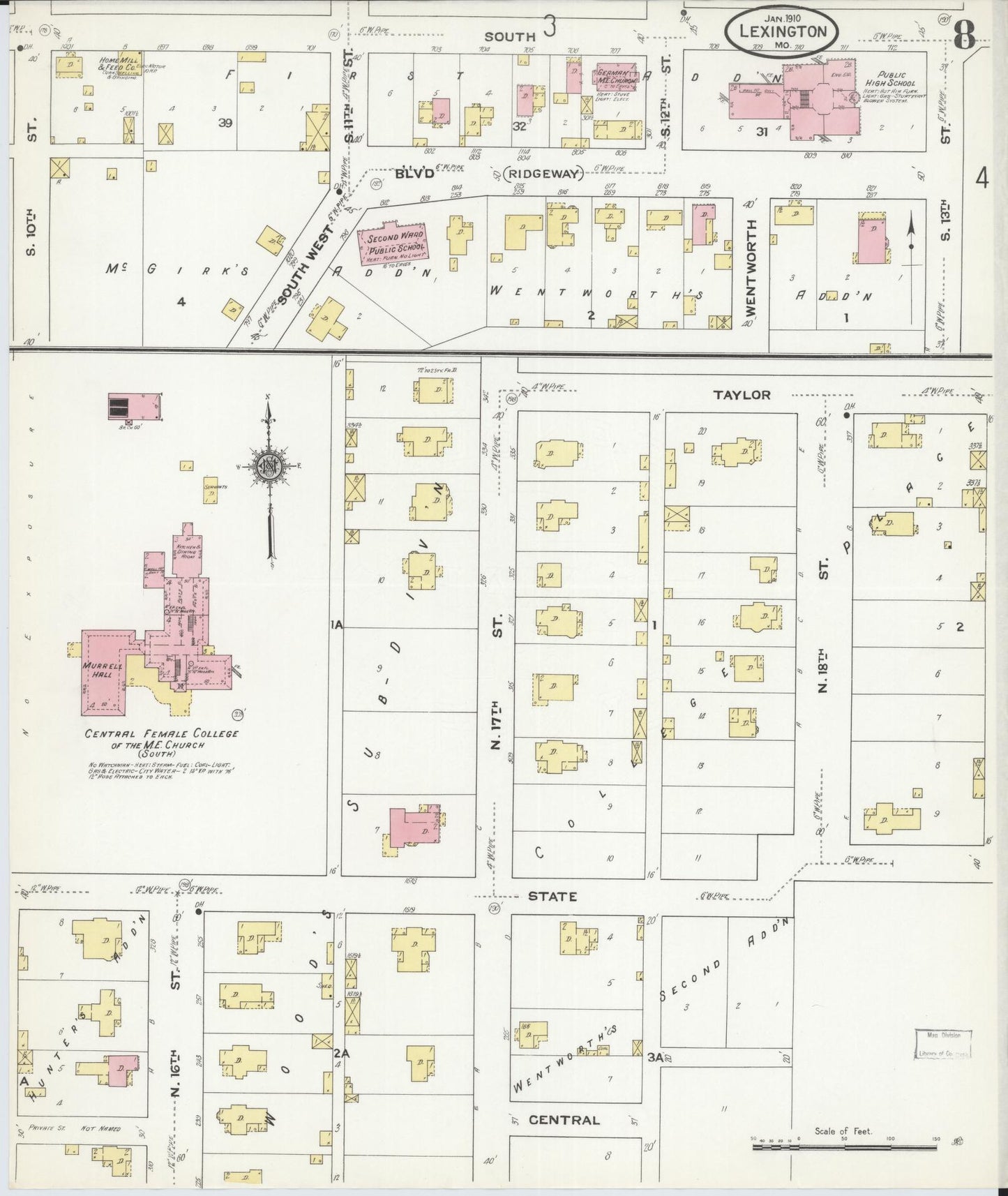 Sanborn Fire Insurance Map from Lexington, Lafayette County, Missouri (1910), Sheet #0008 - Historic Sanborn Fire Insurance Map Print, vintage old map wall art, antique decor, genealogy gift, Missouri Missouri map
