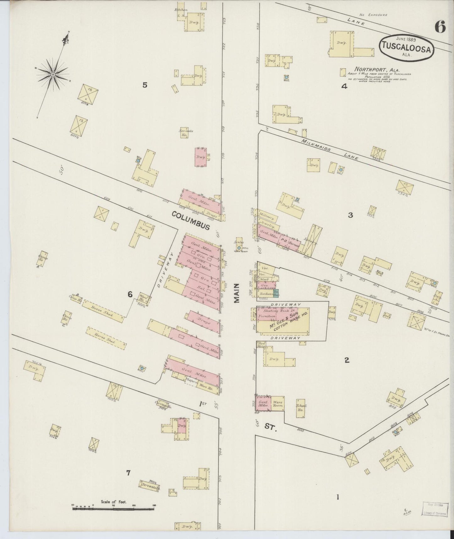 Sanborn Fire Insurance Map from Tuscaloosa, Tuscaloosa County, Alabama (1889), Sheet #0006 - Complete Map Set gallery image, historic Sanborn map, vintage wall art, Alabama Alabama