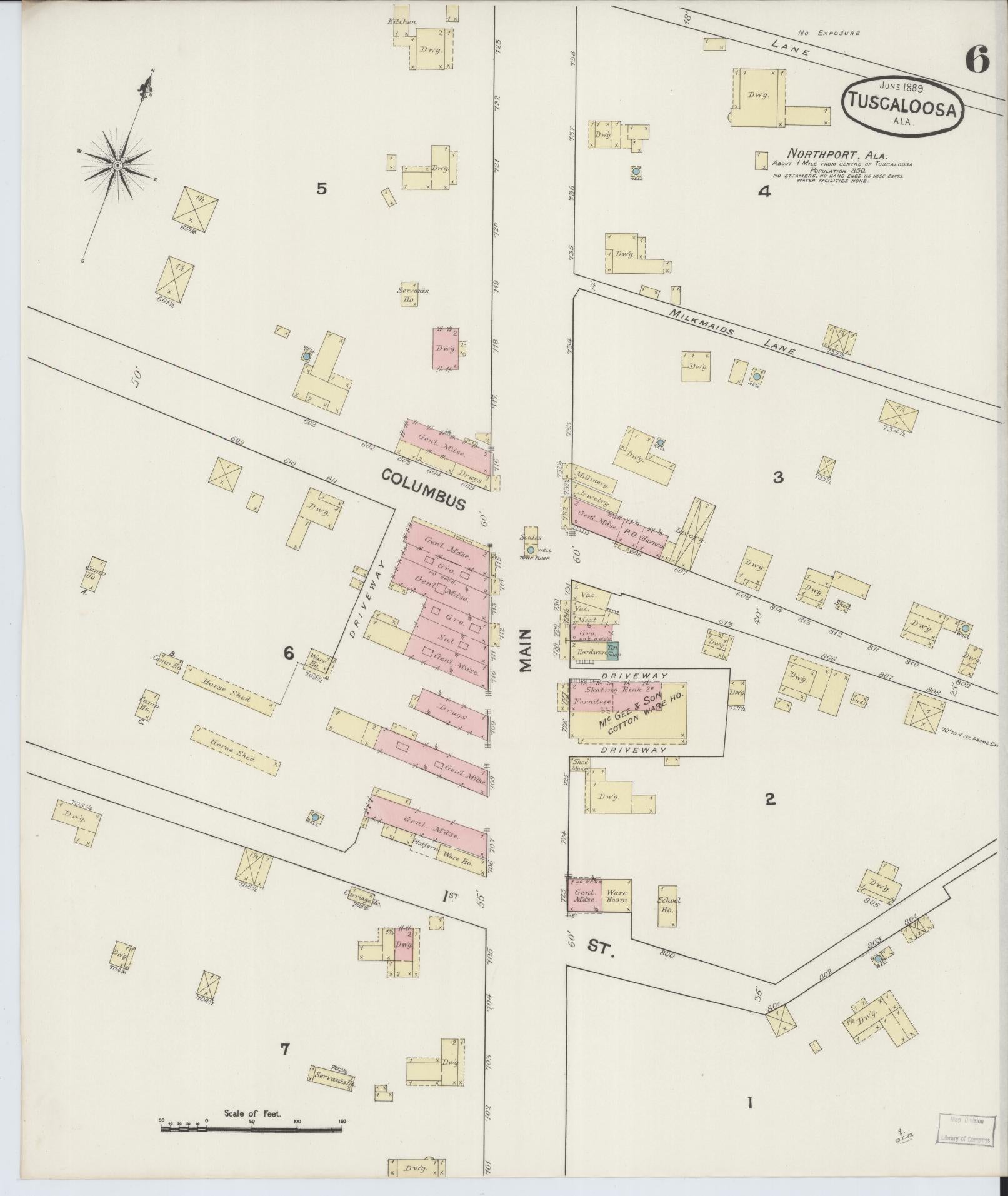 Sanborn Fire Insurance Map from Tuscaloosa, Tuscaloosa County, Alabama (1889), Sheet #0006 - Complete Map Set gallery image, historic Sanborn map, vintage wall art, Alabama Alabama