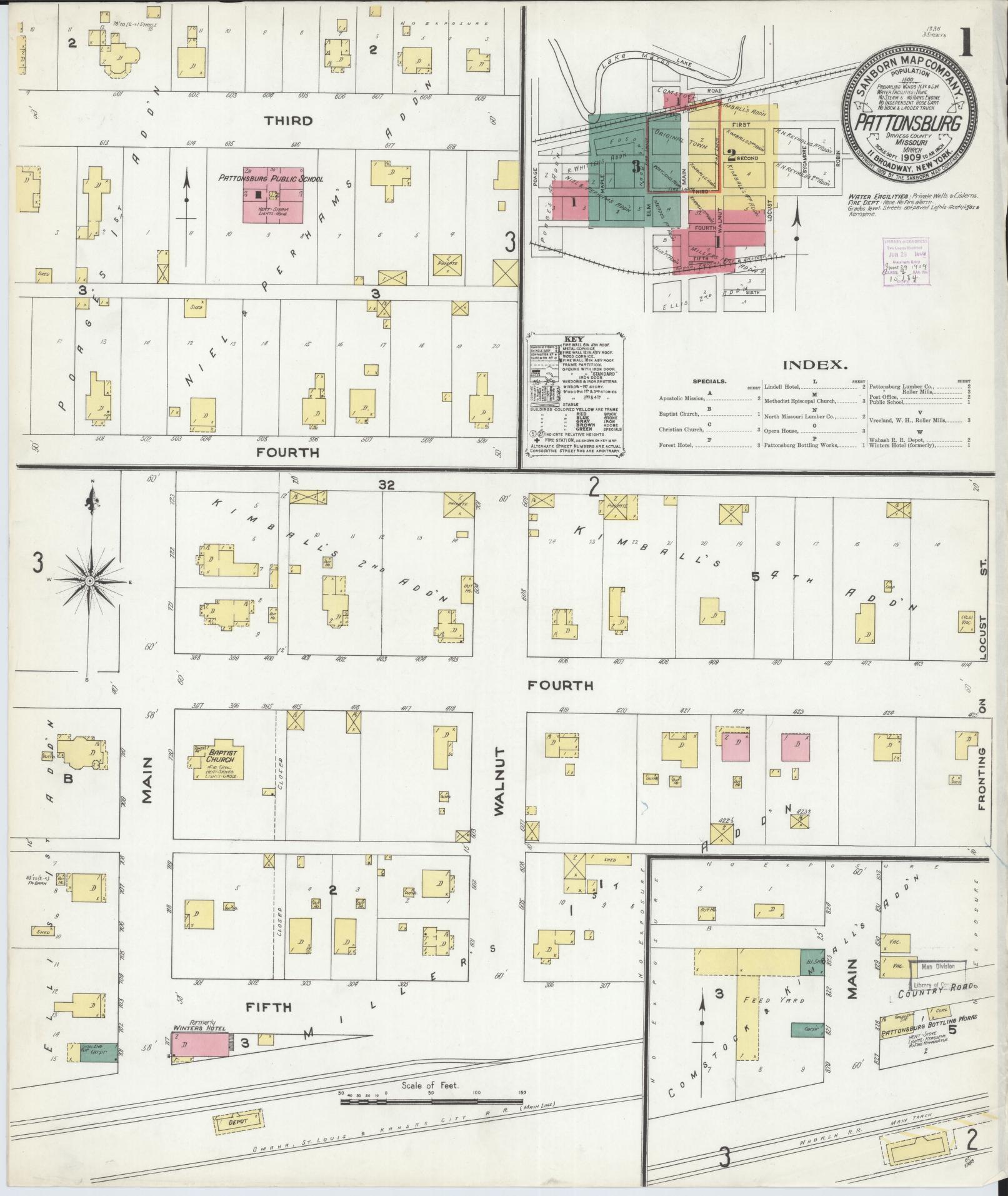 Sanborn Fire Insurance Map from Pattonsburg, Daviess County, Missouri (1909), Sheet #0001 - Complete Map Set gallery image, historic Sanborn map, vintage wall art, Missouri Missouri