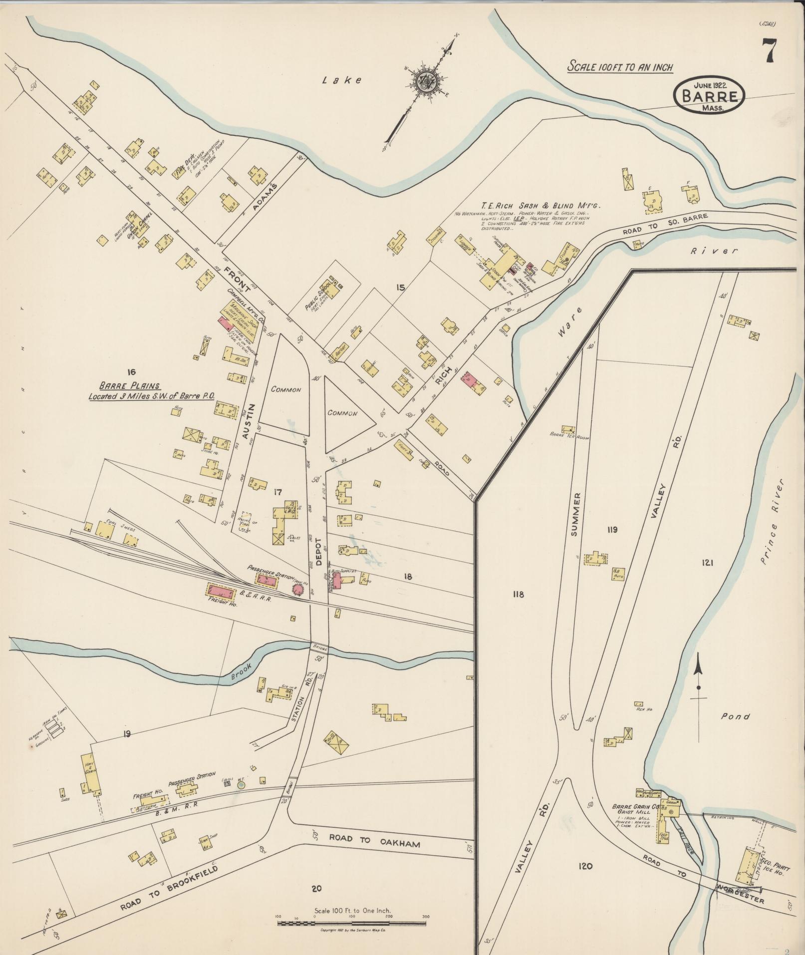 Sanborn Fire Insurance Map from Barre, Worcester County, Massachusetts (1922), Sheet #0007 - Complete Map Set gallery image, historic Sanborn map, vintage wall art, Massachusetts Massachusetts