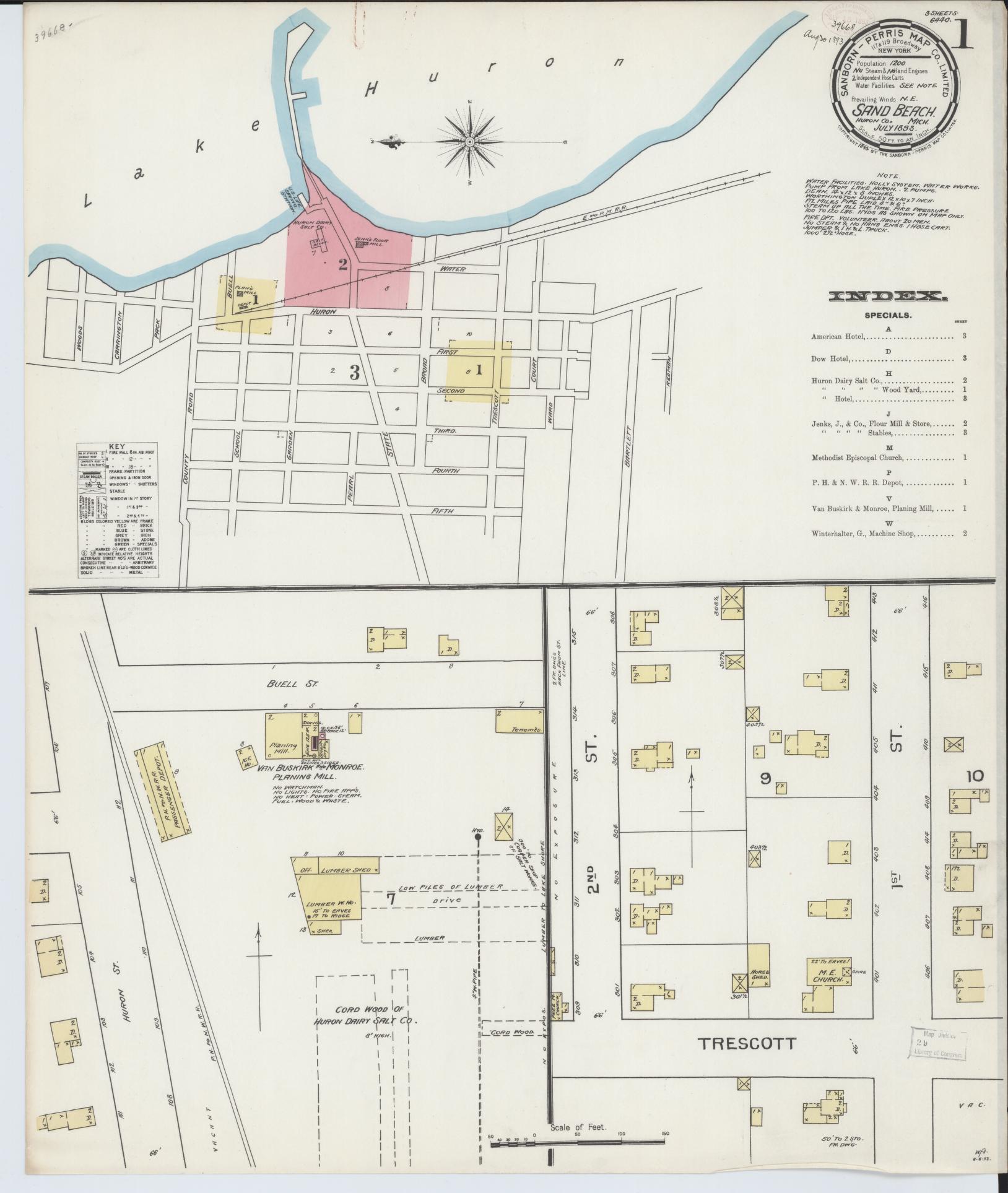 Sanborn Fire Insurance Map from Sand Beach, Huron County, Michigan (1893), Sheet #0001 - Complete Map Set gallery image, historic Sanborn map, vintage wall art, Michigan Michigan