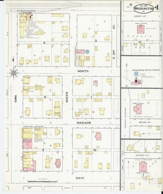 Sanborn Fire Insurance Map from Washington, Washington County, Iowa (1892), Sheet #0004 - Historic Sanborn Fire Insurance Map Print, vintage old map wall art, antique decor, genealogy gift, Sanborn Fire Insurance Map from Washington Washington map
