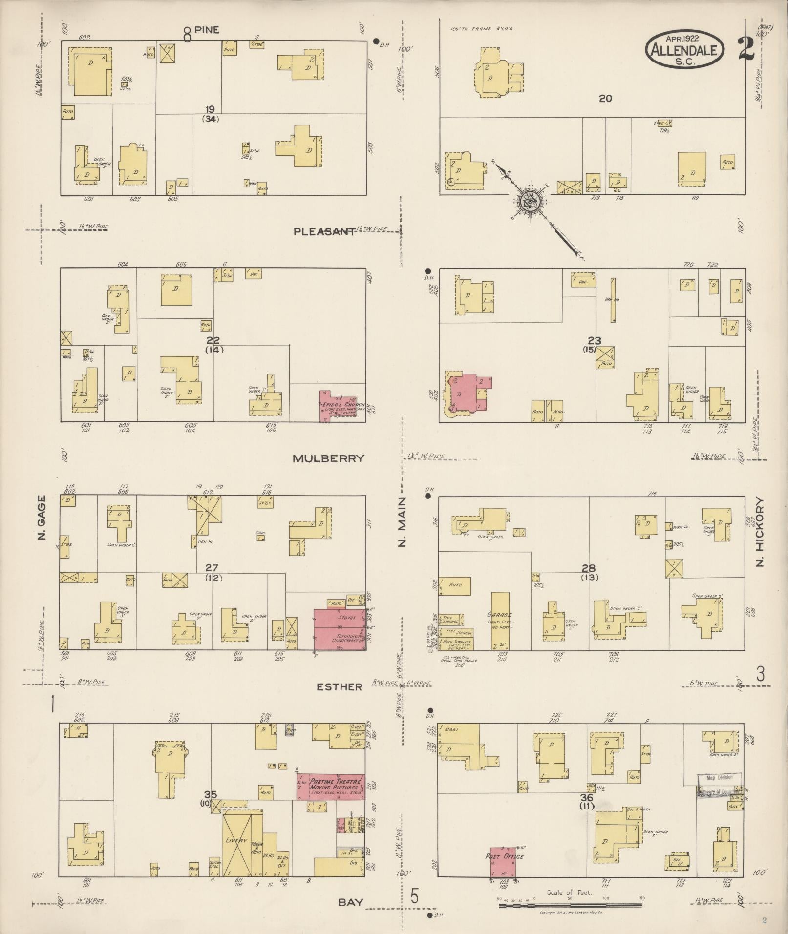 Sanborn Fire Insurance Map from Allendale, Allendale County, South Carolina (1922), Sheet #0002 - Historic Sanborn Fire Insurance Map Print, vintage old map wall art, antique decor, genealogy gift, South Carolina South Carolina map