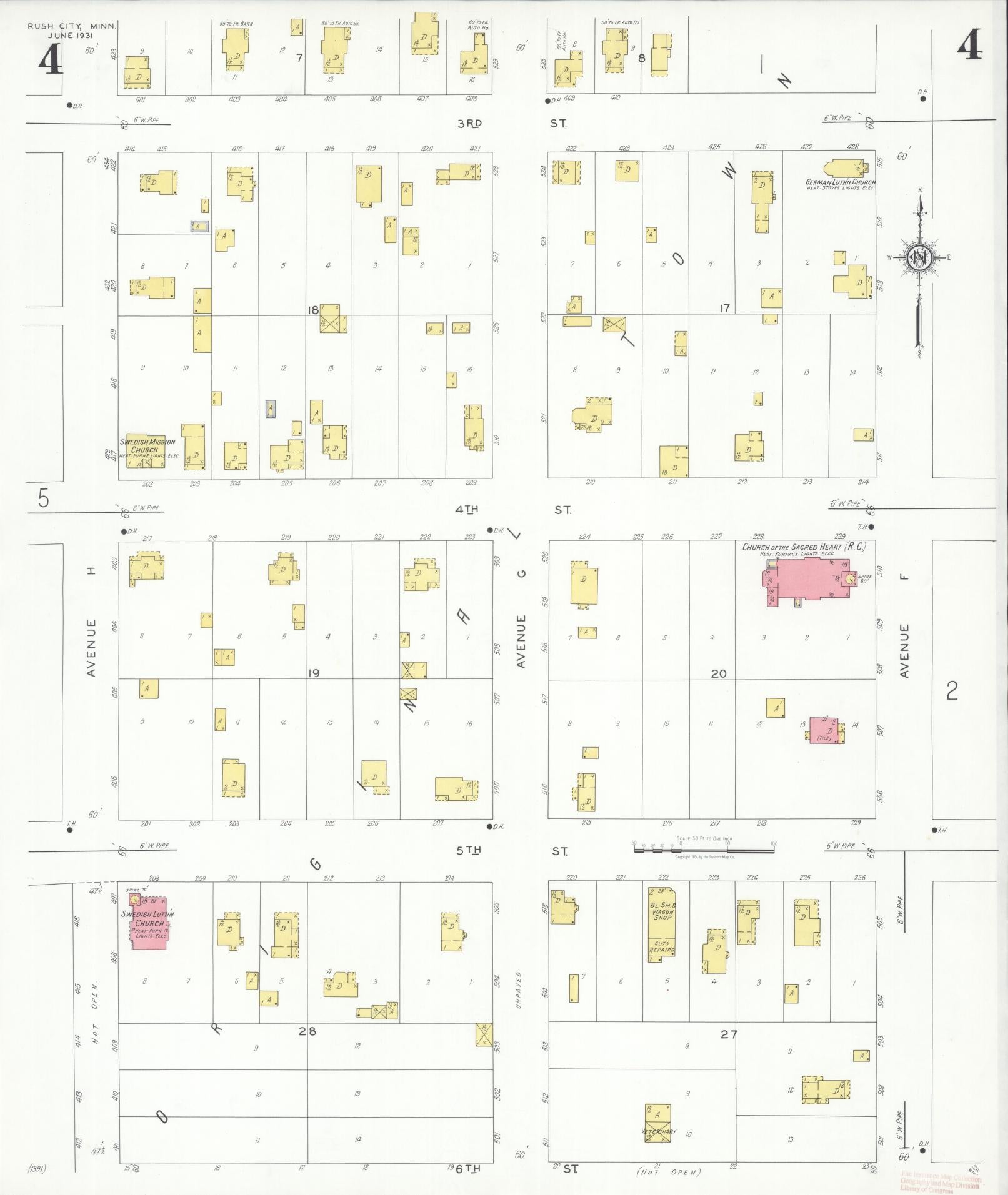 Sanborn Fire Insurance Map from Rush City, Chisago County, Minnesota (1931), Sheet #0004 - Complete Map Set gallery image, historic Sanborn map, vintage wall art, Minnesota Minnesota