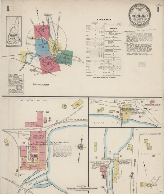 Sanborn Fire Insurance Map from Ashland, Grafton County, New Hampshire (1923), Sheet #0001 - Historic Sanborn Fire Insurance Map Print, vintage old map wall art, antique decor, genealogy gift, New Hampshire New Hampshire map