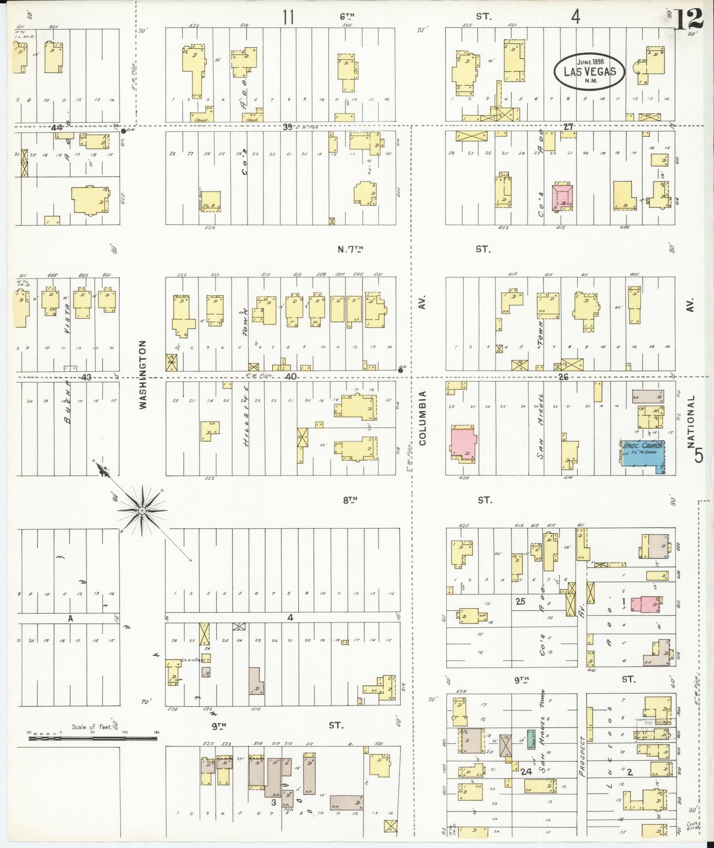 Sanborn Fire Insurance Map from Las Vegas, San Miguel County, New Mexico (1898), Sheet #0012 - Complete Map Set gallery image, historic Sanborn map, vintage wall art, New Mexico New Mexico
