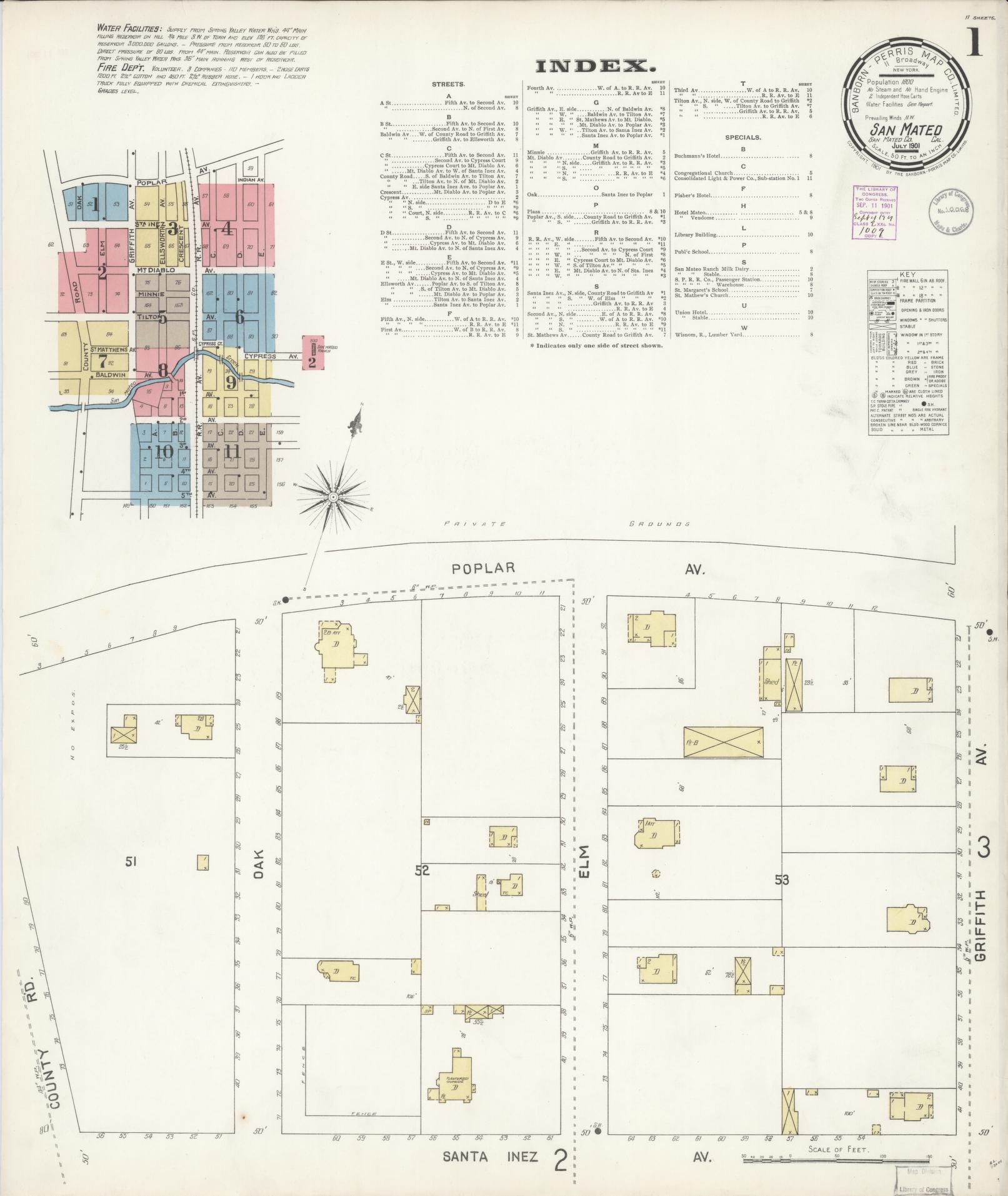 Sanborn Fire Insurance Map from San Mateo, San Mateo County, California (1901), Sheet #0001 - Complete Map Set gallery image, historic Sanborn map, vintage wall art, California California