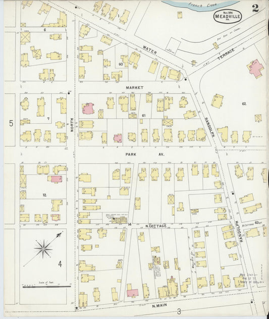 Sanborn Fire Insurance Map from Meadville, Crawford County, Pennsylvania (1896), Sheet #0002 - Historic Sanborn Fire Insurance Map Print, vintage old map wall art, antique decor, genealogy gift, Pennsylvania Pennsylvania map