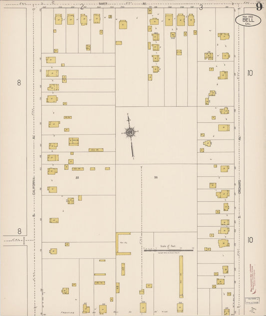 Sanborn Fire Insurance Map from Bell, Los Angeles County, California (1922), Sheet #0009 - Historic Sanborn Fire Insurance Map Print, vintage old map wall art, antique decor, genealogy gift, California California map