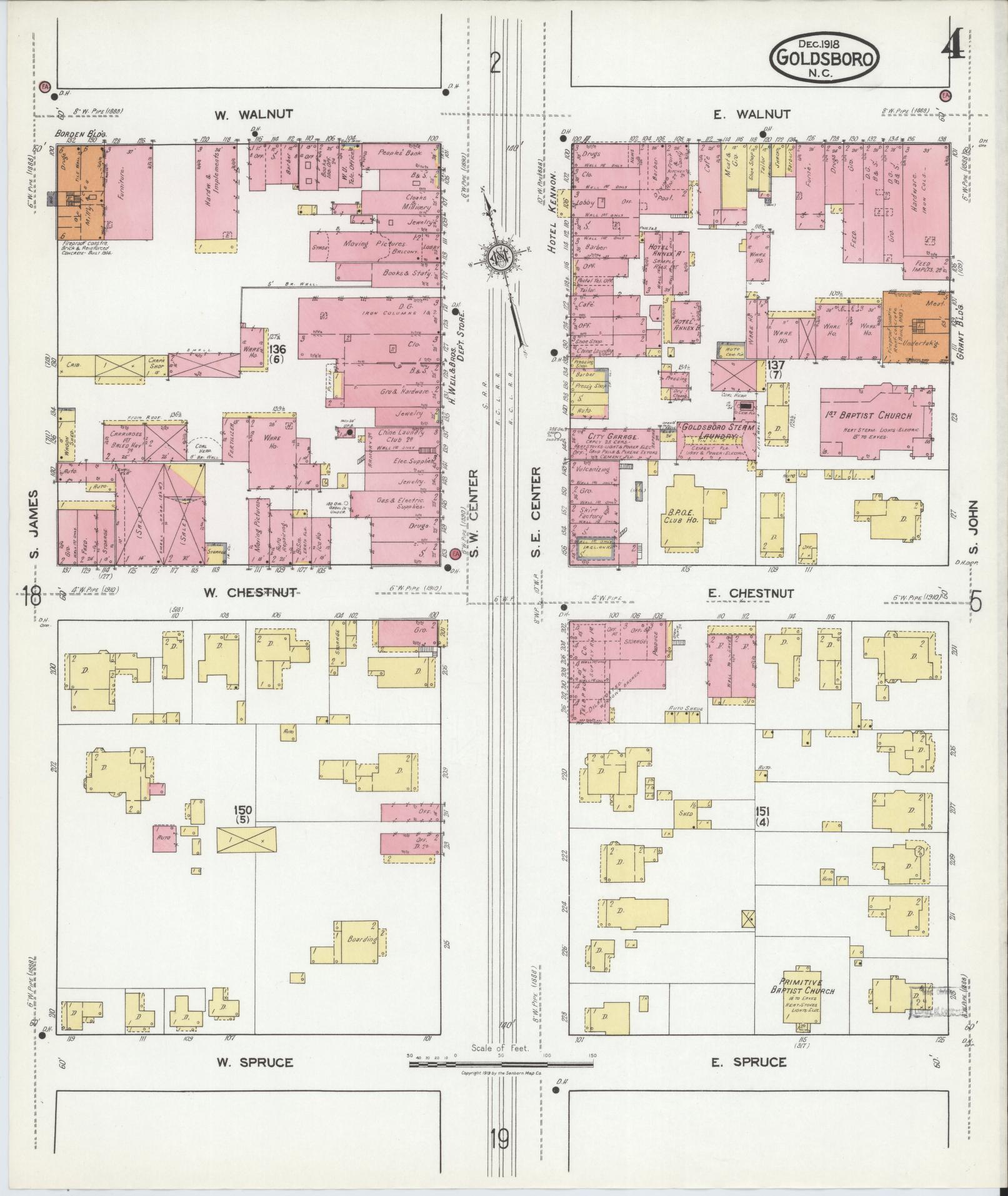 Sanborn Fire Insurance Map from Goldsboro, Wayne County, North Carolina (1918), Sheet #0004 - Historic Sanborn Fire Insurance Map Print, vintage old map wall art, antique decor, genealogy gift, North Carolina North Carolina map