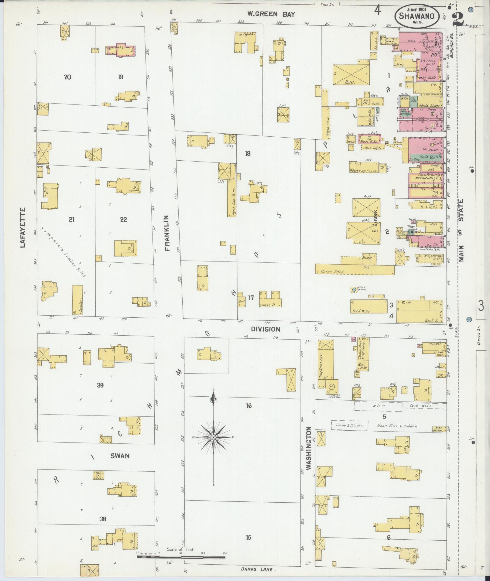 Sanborn Fire Insurance Map from Shawano, Shawano County, Wisconsin (1901), Sheet #0002 - Historic Sanborn Fire Insurance Map Print, vintage old map wall art, antique decor, genealogy gift, Wisconsin Wisconsin map