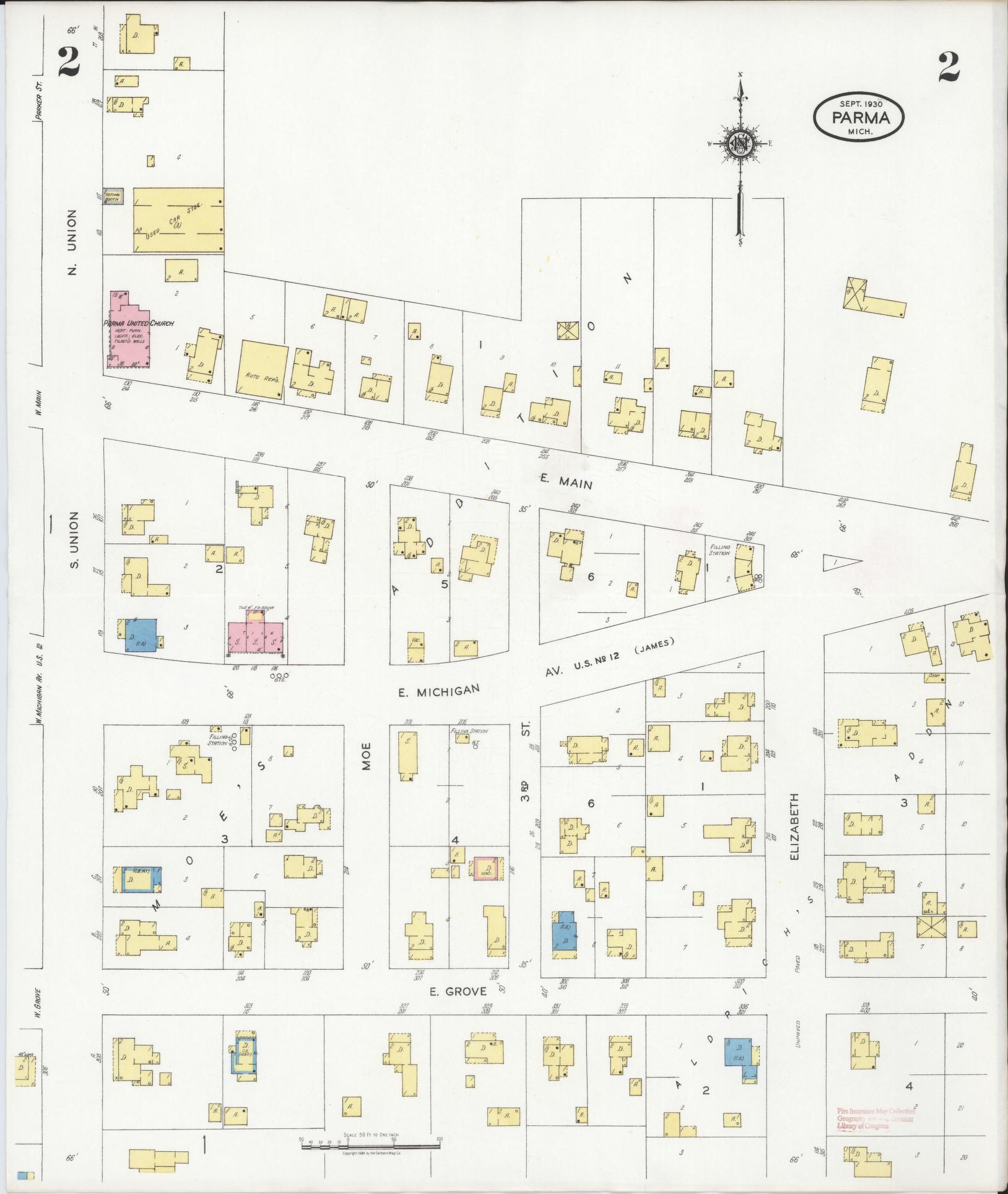 Sanborn Fire Insurance Map from Parma, Jackson County, Michigan (1930), Sheet #0002 - Complete Map Set gallery image, historic Sanborn map, vintage wall art, Michigan Michigan