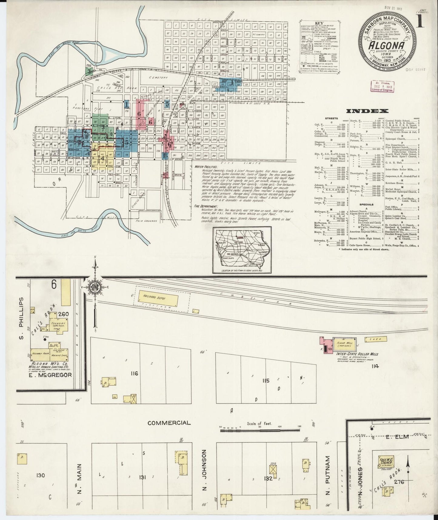 Sanborn Fire Insurance Map from Algona, Kossuth County, Iowa (1913), Sheet #0001 - Historic Sanborn Fire Insurance Map Print