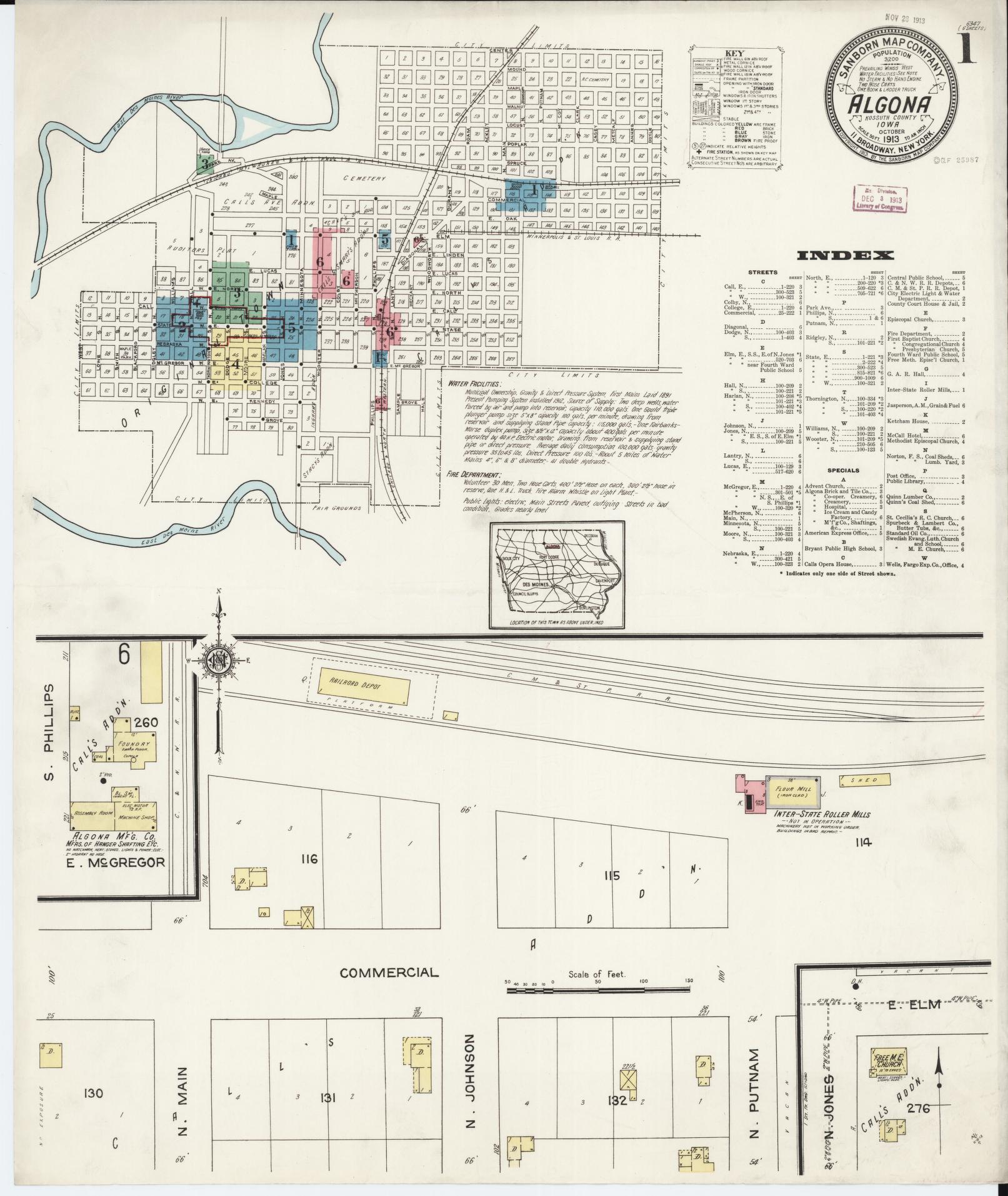 Sanborn Fire Insurance Map from Algona, Kossuth County, Iowa (1913), Sheet #0001 - Historic Sanborn Fire Insurance Map Print