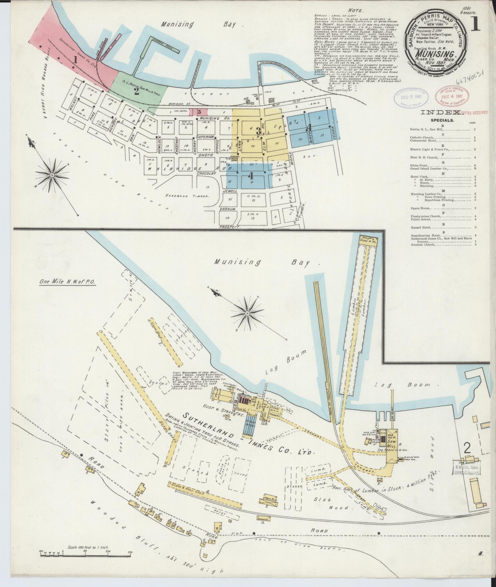 Sanborn Fire Insurance Map from Munising, Alger County, Michigan (1897), Sheet #0001 - Historic Sanborn Fire Insurance Map Print, vintage old map wall art, antique decor, genealogy gift, Michigan Michigan map