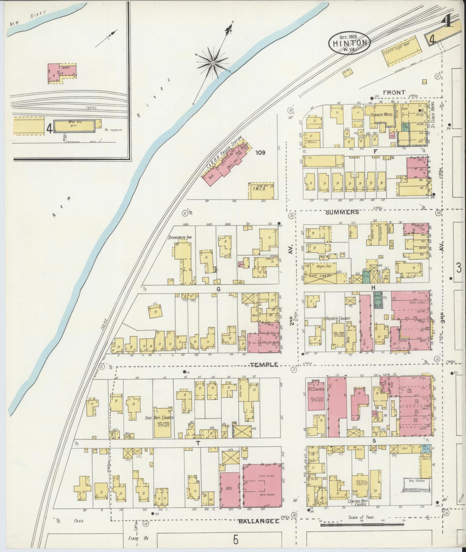 Sanborn Fire Insurance Map from Hinton, Summer County, West Virginia (1905), Sheet #0004 - Complete Map Set gallery image, historic Sanborn map, vintage wall art, West Virginia West Virginia