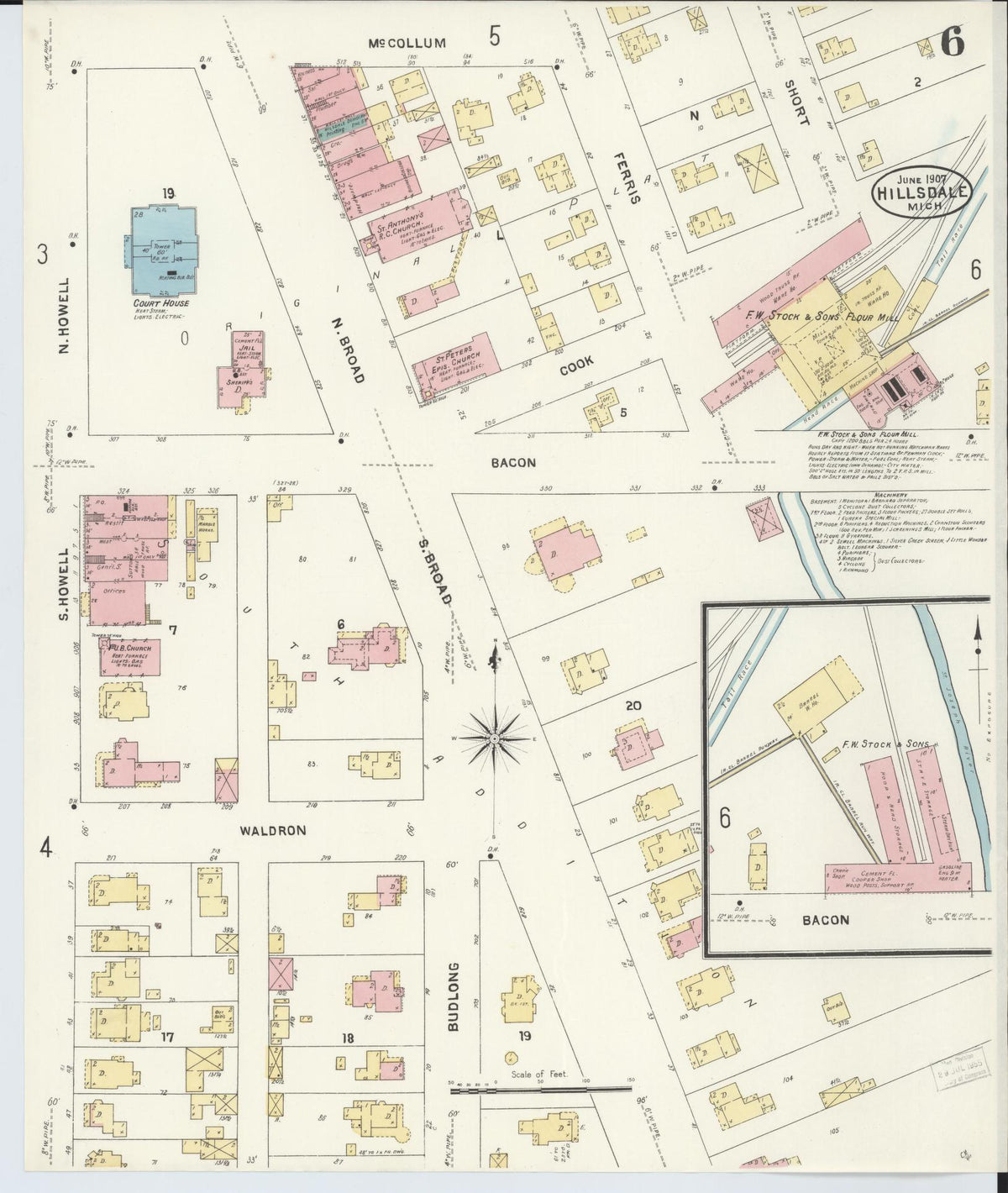 Sanborn Fire Insurance Map from Hillsdale, Hillsdale County, Michigan (1907), Sheet #0006 - Historic Sanborn Fire Insurance Map Print, vintage old map wall art, antique decor, genealogy gift, Michigan Michigan map