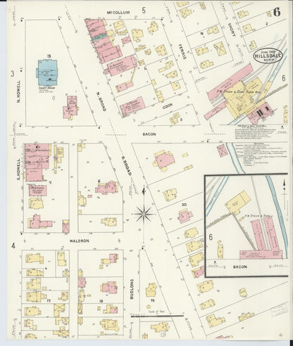 Sanborn Fire Insurance Map from Hillsdale, Hillsdale County, Michigan (1907), Sheet #0006 - Historic Sanborn Fire Insurance Map Print, vintage old map wall art, antique decor, genealogy gift, Michigan Michigan map