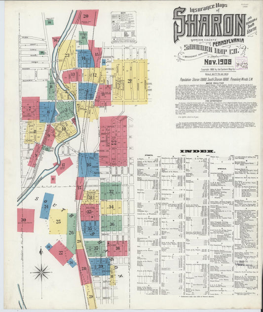 Sanborn Fire Insurance Map from Sharon, Mercer County, Pennsylvania (1908), Sheet #0001 - Historic Sanborn Fire Insurance Map Print, vintage old map wall art, antique decor, genealogy gift, Pennsylvania Pennsylvania map