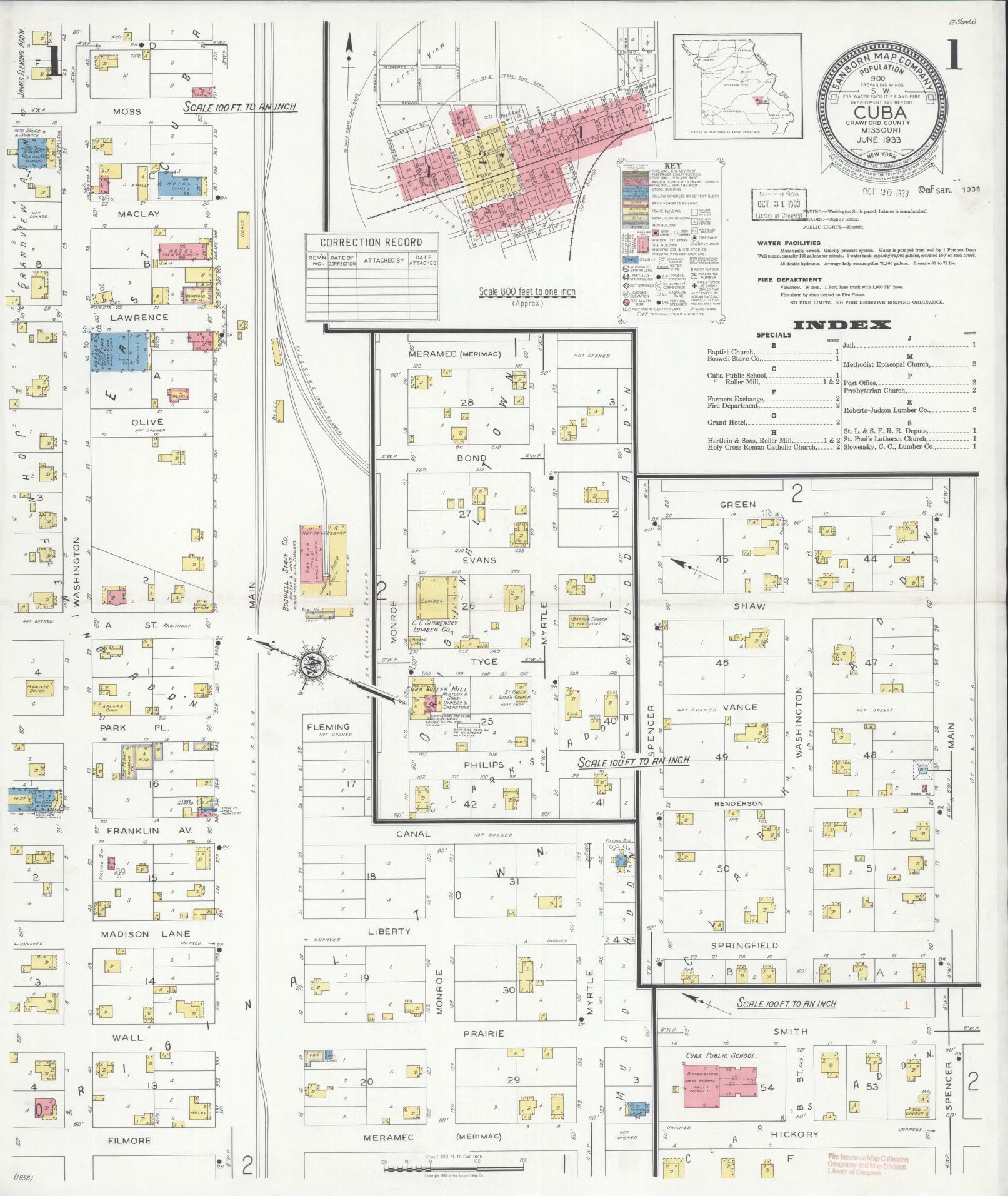 Sanborn Fire Insurance Map from Cuba, Crawford County, Missouri (1933), Sheet #0001 - Complete Map Set gallery image, historic Sanborn map, vintage wall art, Missouri Missouri