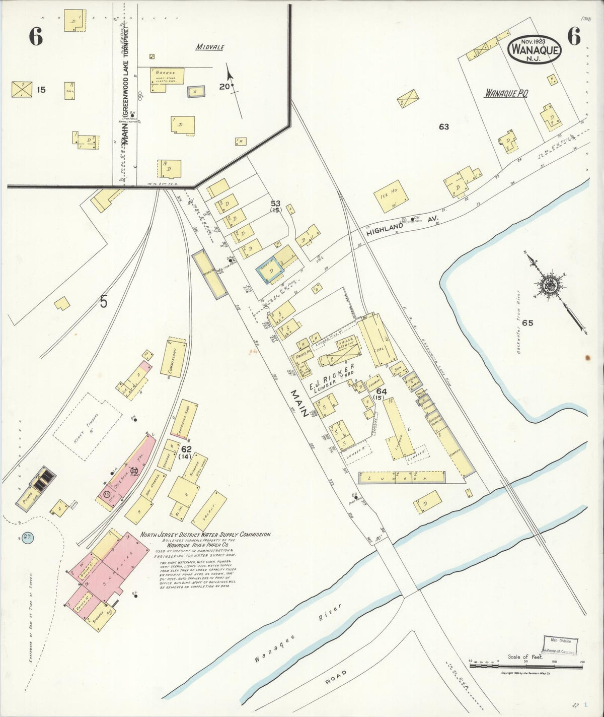 Sanborn Fire Insurance Map from Wanaque, Passaic County, New Jersey (1923), Sheet #0006 - Historic Sanborn Fire Insurance Map Print, vintage old map wall art, antique decor, genealogy gift, New Jersey New Jersey map