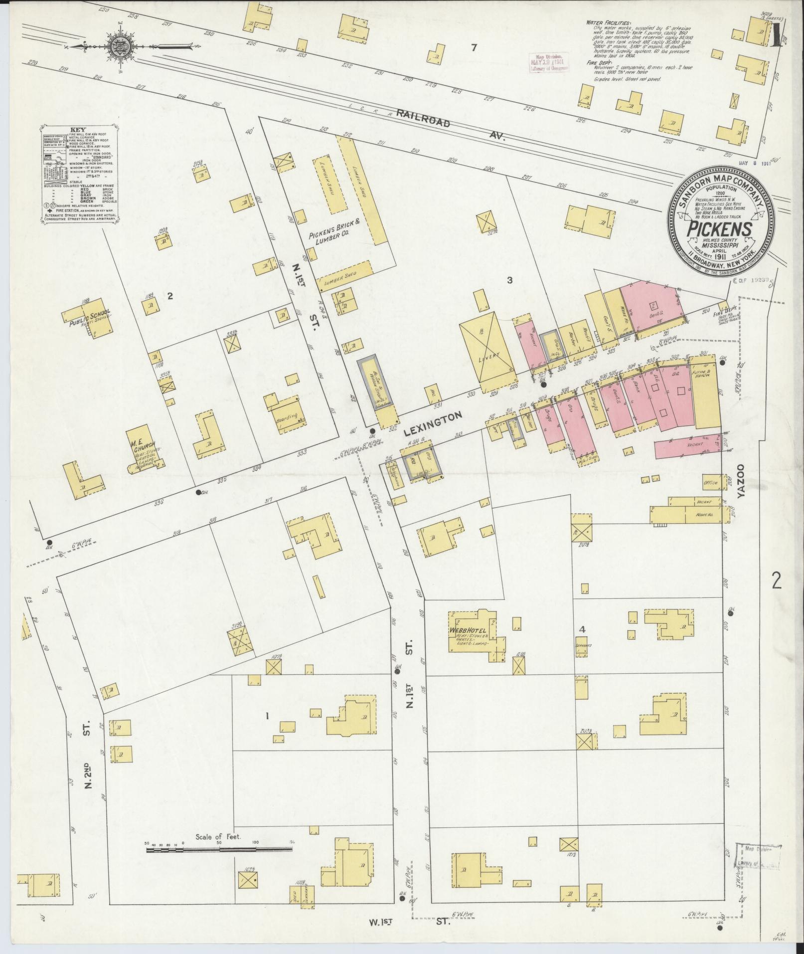 Sanborn Fire Insurance Map from Pickens, Holmes County, Mississippi (1911), Sheet #0001 - Historic Sanborn Fire Insurance Map Print, vintage old map wall art, antique decor, genealogy gift, Mississippi Mississippi map