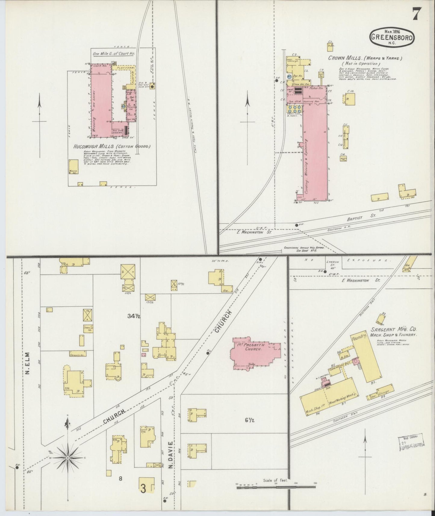 Sanborn Fire Insurance Map from Greensboro, Guilford County, North Carolina (1896), Sheet #0007 - Complete Map Set gallery image, historic Sanborn map, vintage wall art, North Carolina North Carolina