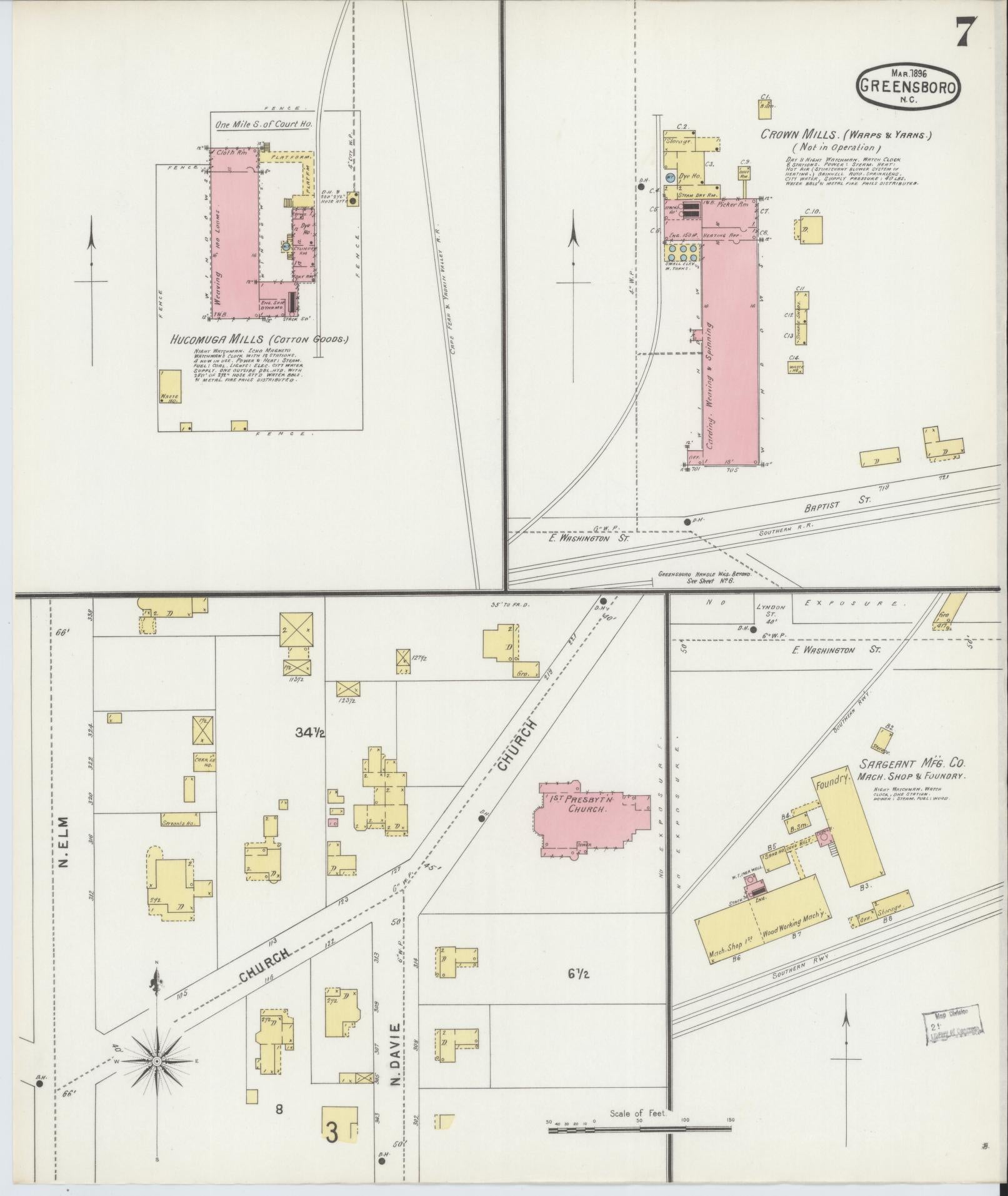 Sanborn Fire Insurance Map from Greensboro, Guilford County, North Carolina (1896), Sheet #0007 - Complete Map Set gallery image, historic Sanborn map, vintage wall art, North Carolina North Carolina
