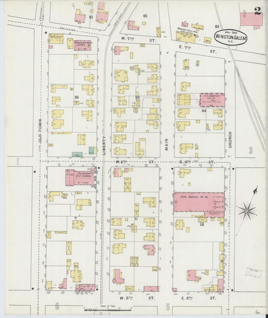 Sanborn Fire Insurance Map from Winston-Salem, Forsyth County, North Carolina (1895), Sheet #0002 - Historic Sanborn Fire Insurance Map Print, vintage old map wall art, antique decor, genealogy gift, North Carolina North Carolina map