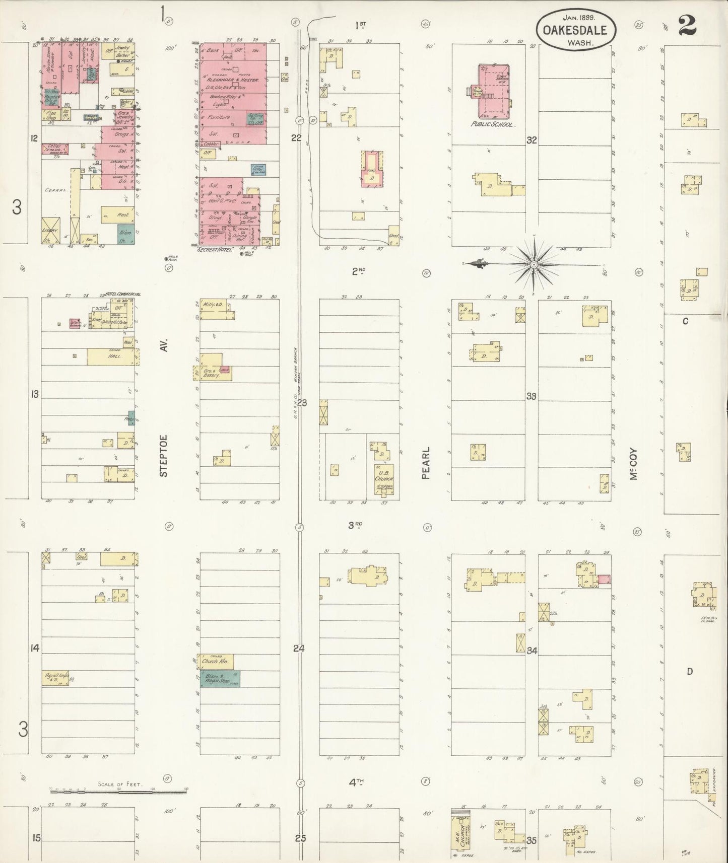 Sanborn Fire Insurance Map from Oakesdale, Whitman County, Washington (1899), Sheet #0002 - Complete Map Set gallery image, historic Sanborn map, vintage wall art, Washington Washington