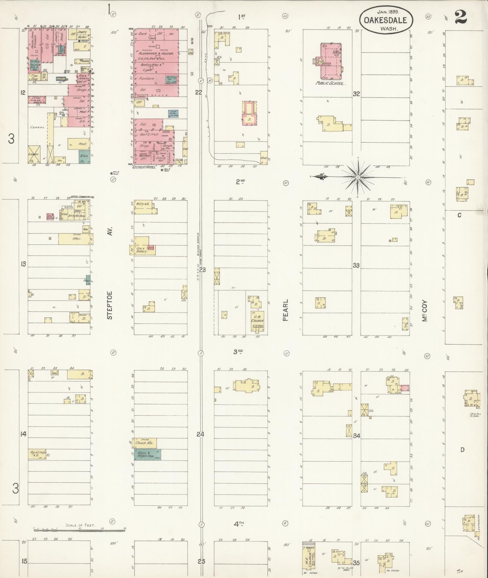 Sanborn Fire Insurance Map from Oakesdale, Whitman County, Washington (1899), Sheet #0002 - Complete Map Set gallery image, historic Sanborn map, vintage wall art, Washington Washington