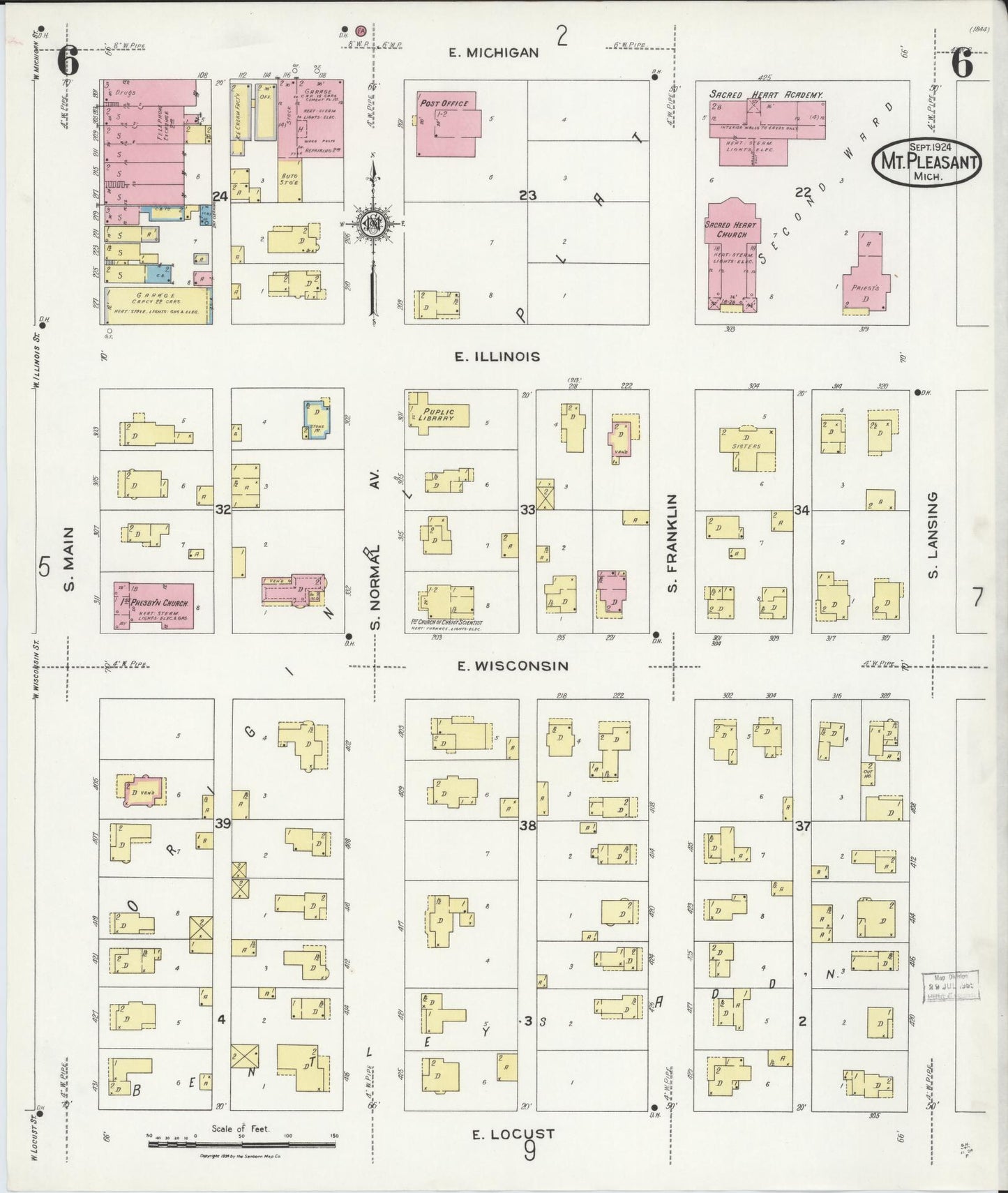 Sanborn Fire Insurance Map from Mount Pleasant, Isabella County, Michigan (1924), Sheet #0006 - Complete Map Set gallery image, historic Sanborn map, vintage wall art, Michigan Michigan