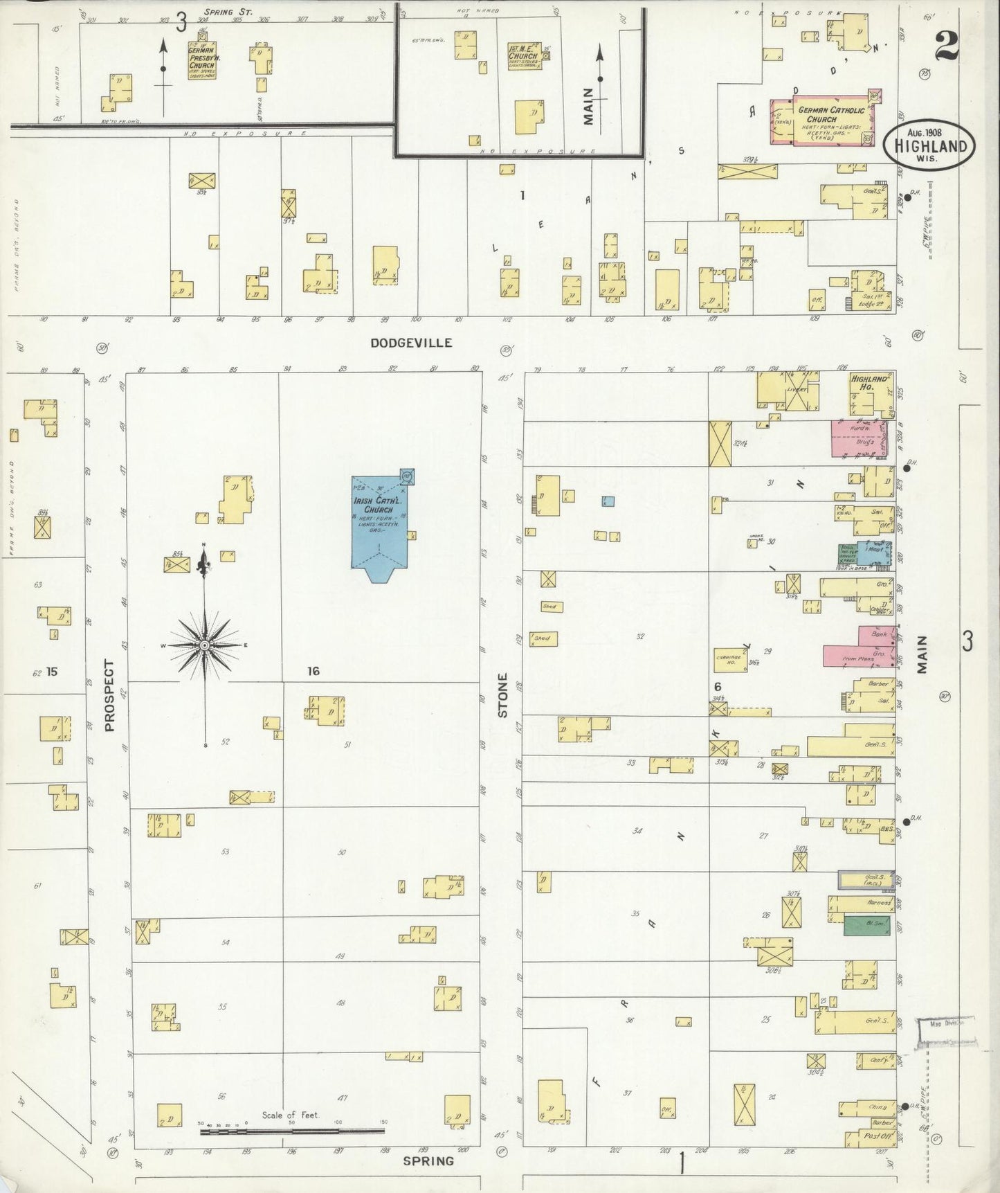 Sanborn Fire Insurance Map from Highland, Iowa County, Wisconsin (1908), Sheet #0002 - Historic Sanborn Fire Insurance Map Print, vintage old map wall art, antique decor, genealogy gift, Wisconsin Wisconsin map